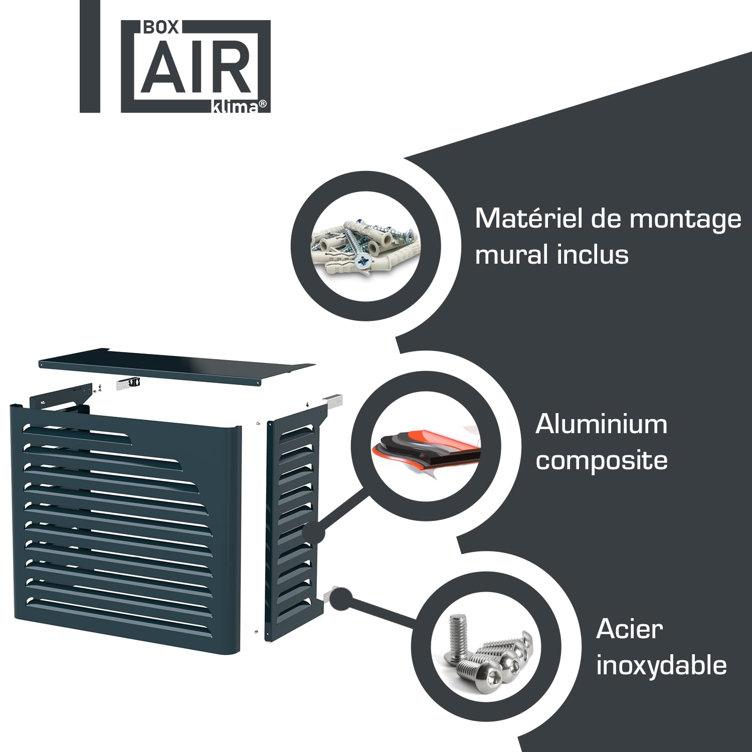 Box Air Klima Cover Clima Curve L Anthracite – Cache Climatiseur Extérieur « Premium » en Aluminium Composite Design Arrondi, Supports INOX Réglables, Installation Murale, Protection Grande Unité