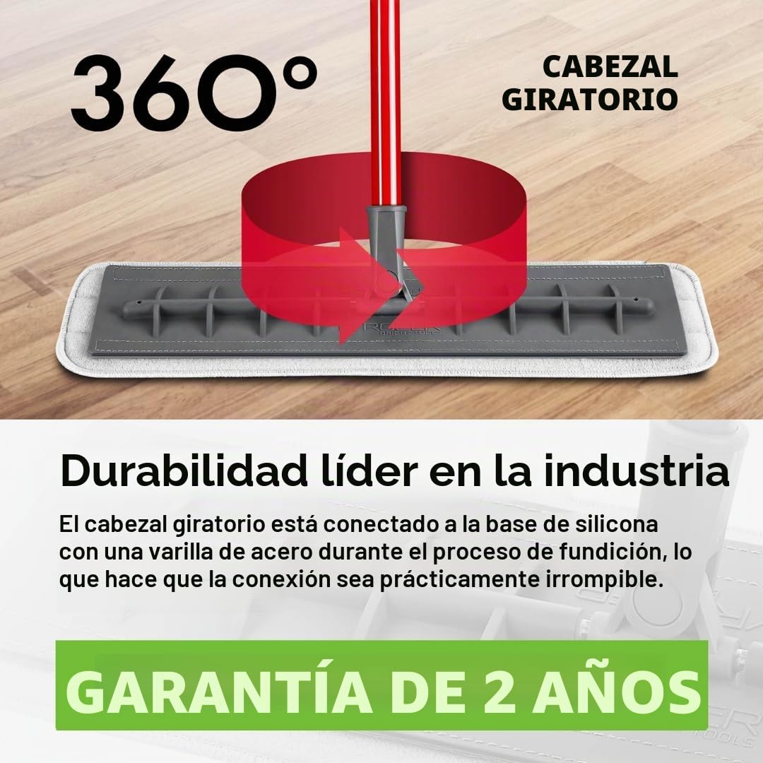 Tyroler Mop - Limpieza versátil para Suelos de parquet, Madera, laminados y baldosas, Cabeza de Silicona Flexible 100% Resistente a los arañazos | Incluye 2 paños de Microfibra adicionales