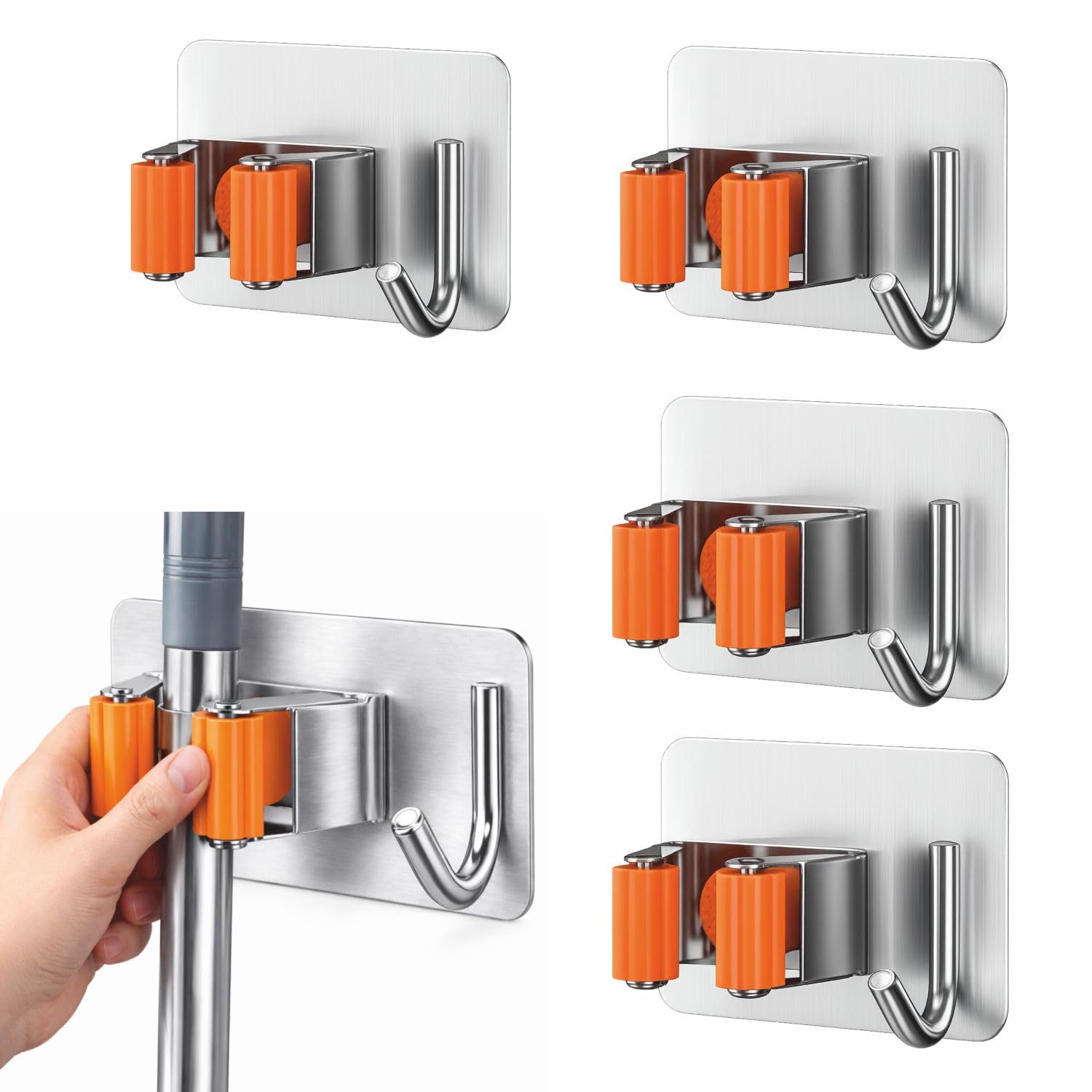 JIALTO 4 Pcs Adhesive Mop Holder and Broom Holder Wall Mounted Stainless Steel | Heavy Duty Mop & Broom Organizer with Hooks | Adhesive Storage Rack for Kitchen & Bathroom - Orange