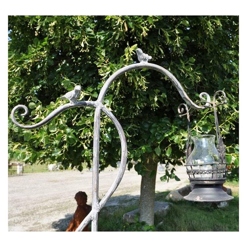 Grand Tuteur à Plante Lanterne Pic de Jardin avec Double Potence en Acier Patiné Gris 7x44,5x180cm
