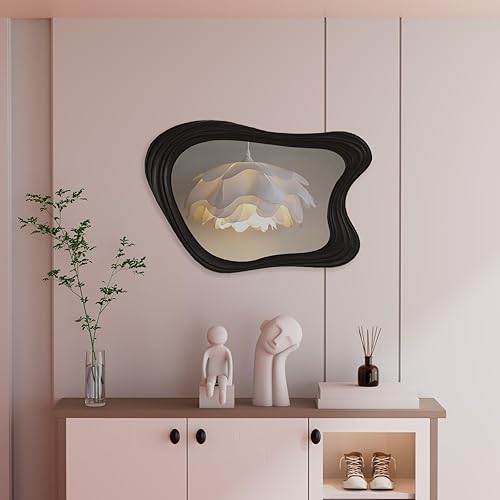 Miniatura 2 de Espejo de pared irregular de 32 x 24 pulgadas, marco de madera negra, espejo ondulado asimétrico para sala de estar, dormitorio, entrada, baño,