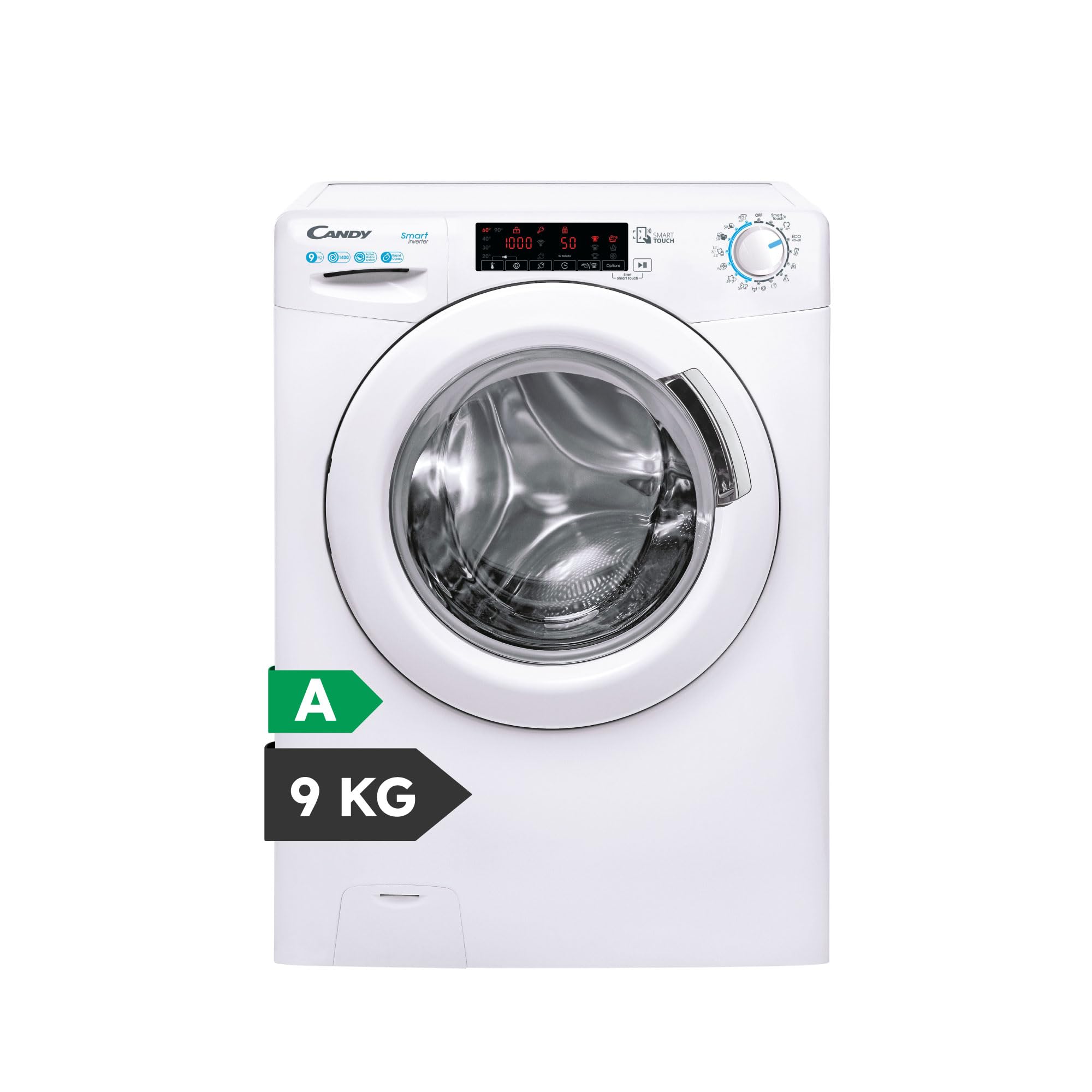 Candy Smart Inverter CS 149TXME-S, Lavadora 9 KG, 1400 RPM, Display Digit Touch, Tecnología NFC, Hygiene +, 16 Ciclos, 9 Rápidos, Motor Inverter, Inicio Diferido 24H, 77 DB, Blanco Etiqueta Energética
