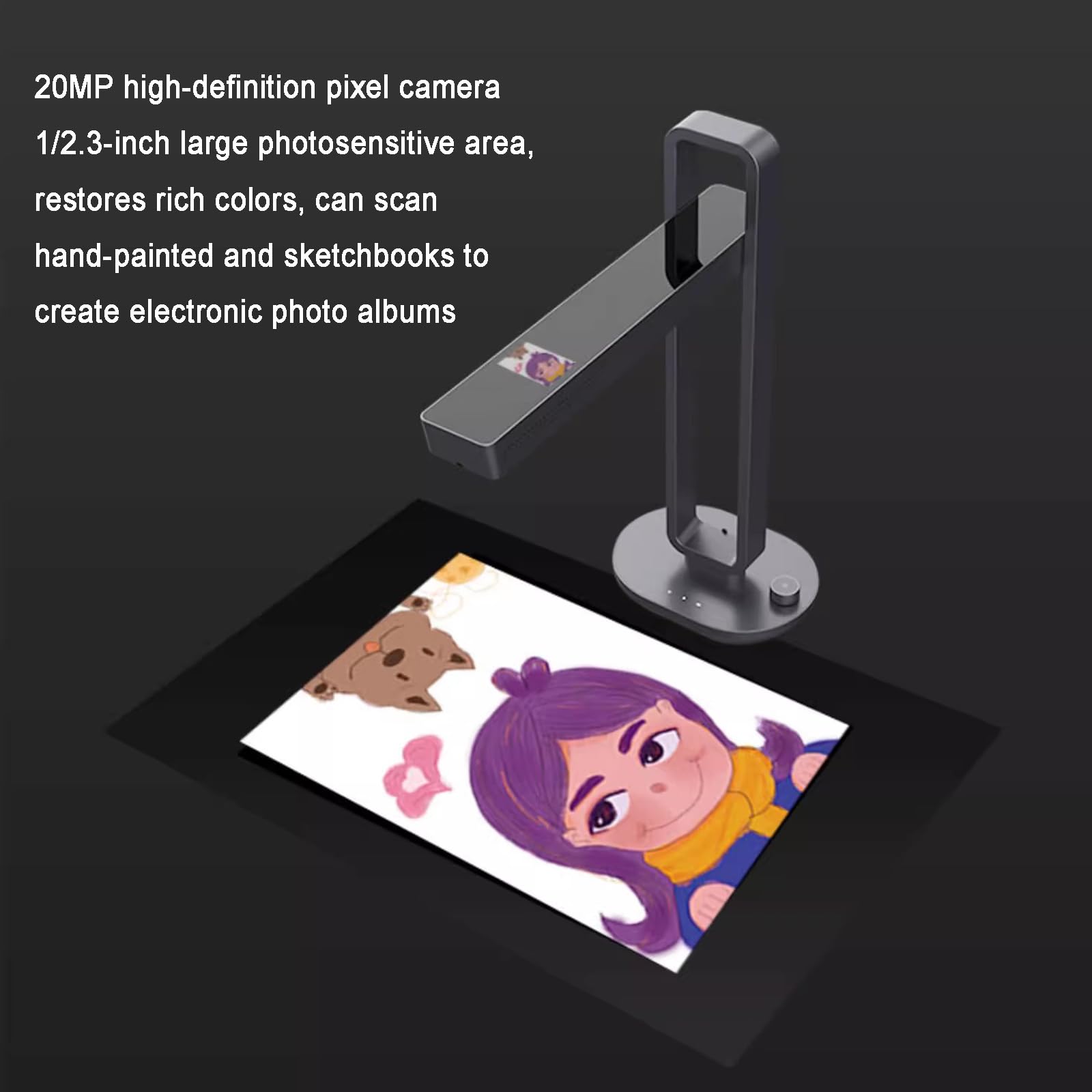 Scanner Portatile per Libri, Scanner Automatico per Documenti da 20 MP, Formato Massimo A3, con Smart OCR, modalità Lampada da Tavolo a LED, Pieghevole, per Casa E Ufficio