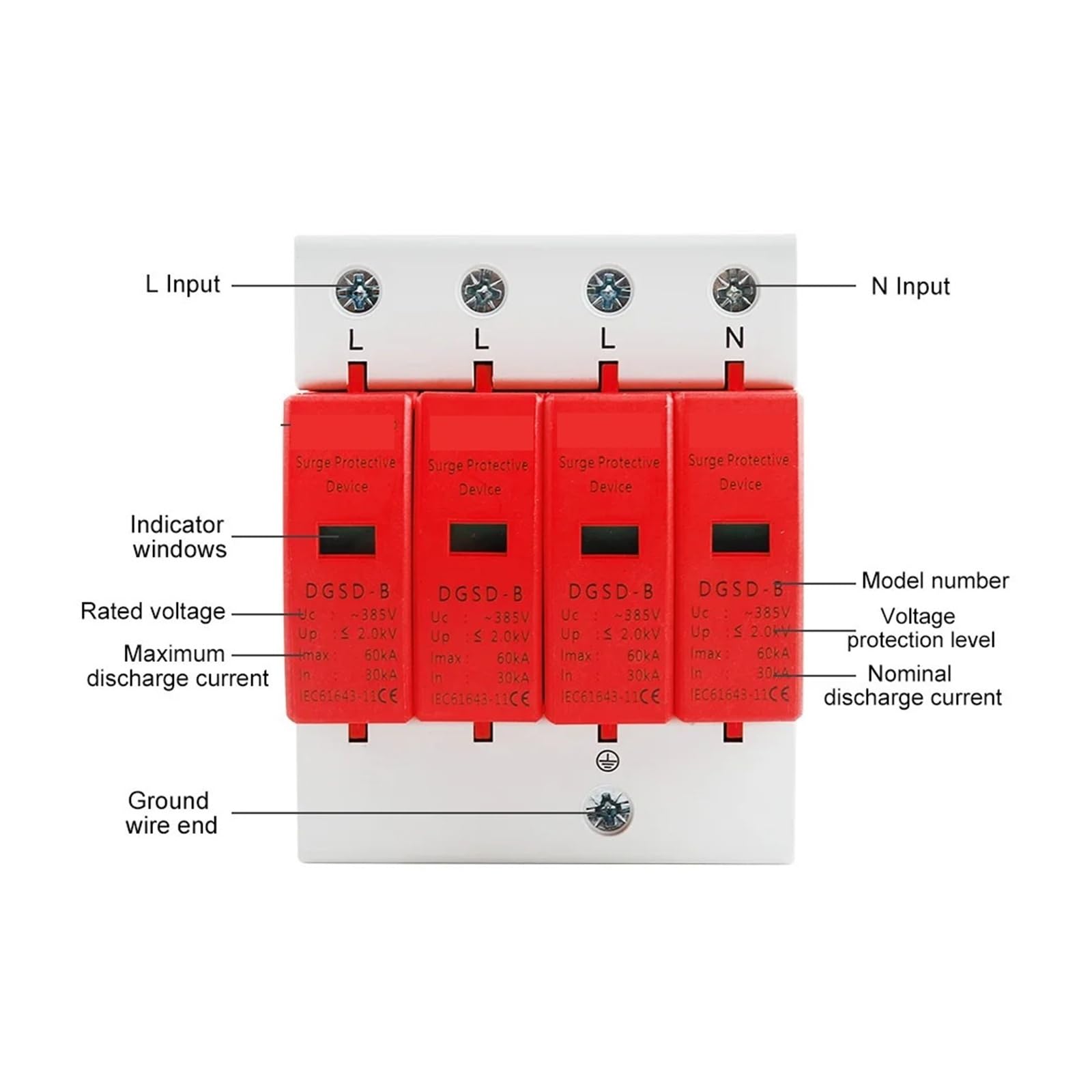 AC SPD 4P House Lightning Surge Protector 10-20KA 20-40KA 30-60KA 385V Protective Low-voltage Arrester Device 3P+N(10-20KA)