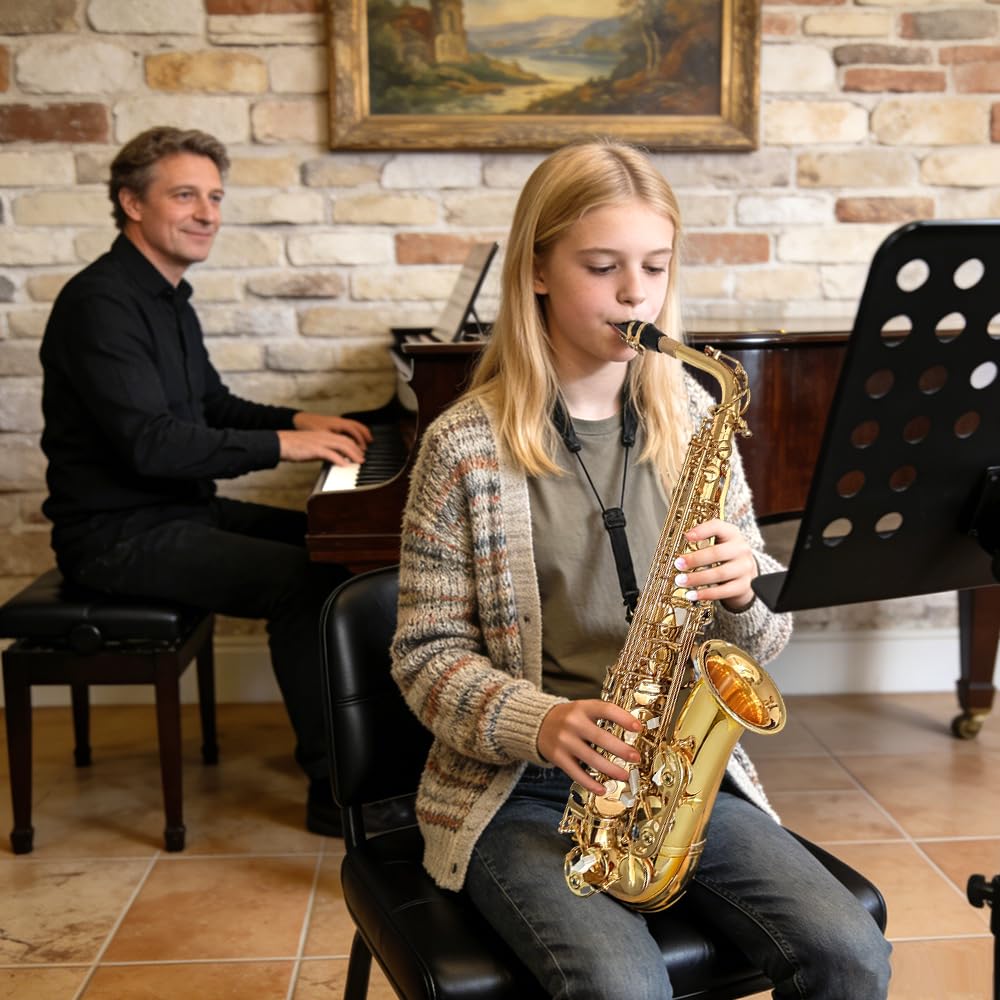 Saxophone alto débutant pour adultes et étudiants, saxophone Eb professionnel en laiton, étui, embouchure, anches, gants, chiffon de nettoyage et brosse (doré)