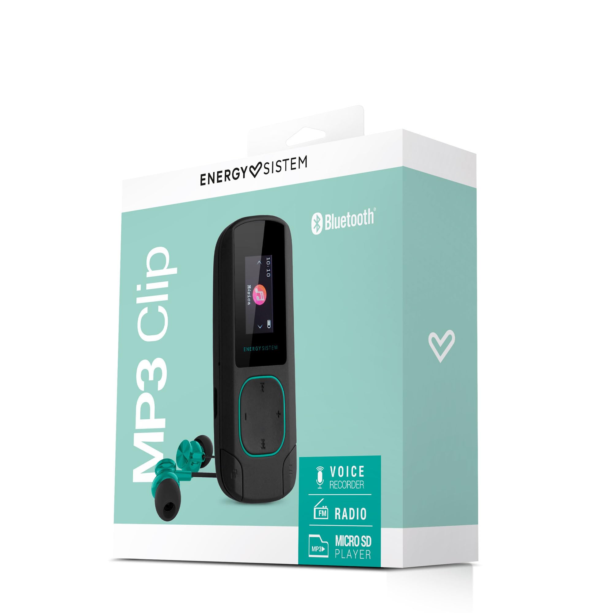 Energy Sistem 426508 - MP3 Clip Bluetooth, lettore MP3 con schermo, Bluetooth, 8 GB, clip di fissaggio, radio FM e lettore di schede microSD, Verde Mint