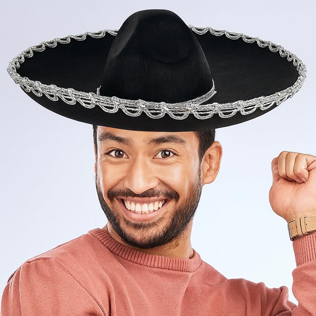 GiftExpress Adult Black Sombrero Hat, 18-Inch Wide – Mariachi-Style Costume Sombrero with Silver Braid Trim, Polyester, One Size Fits Most - Image 2