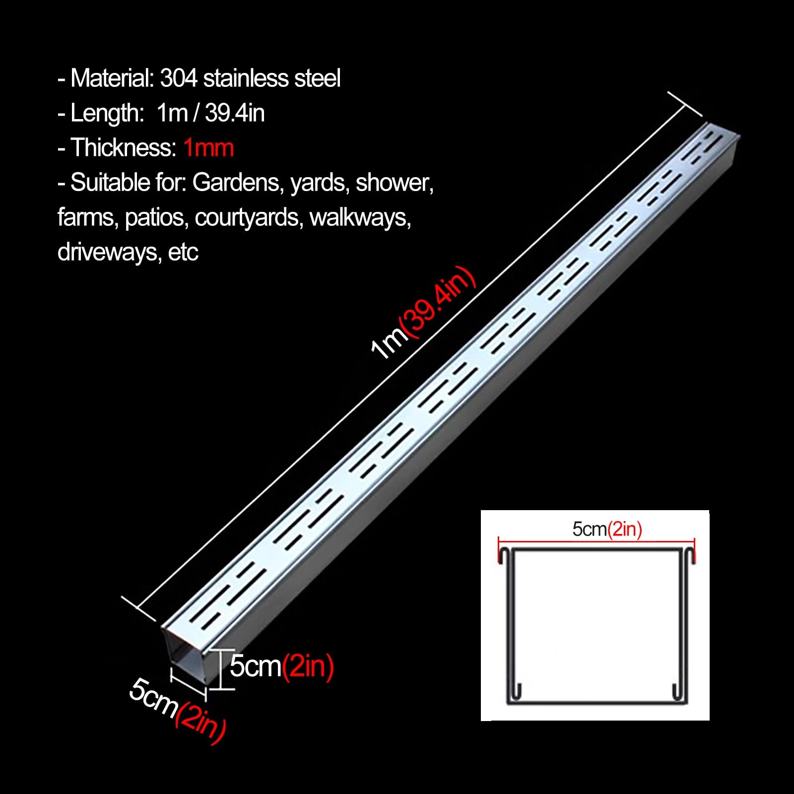 Genérico Kit de canaleta de Drenaje Delgada - Canaleta de Perfil bajo de 99 cm para Aguas pluviales Exteriores, 5 Rejillas de 5x5 cm para paisajismo y Agricultura, soluc
