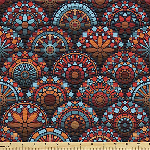 Ambesonne Moroccan Fabric by The Yard, Circles Pattern Mandala Inspired Floral Arrangements Geometric Rectangles, Decorative Fabric for Upholstery and Home Accents, 3 Yards, Orange Aqua