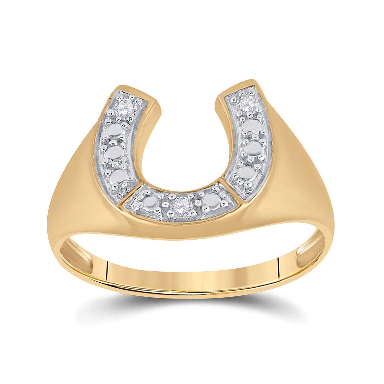 Solid 10k Yellow Gold Mens Round Diamond Lucky Horseshoe Ring 1/20 Cttw