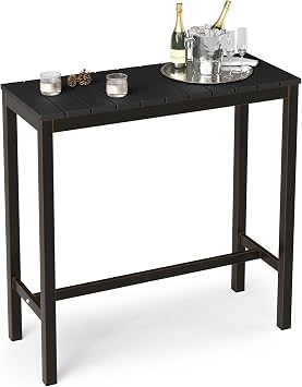 Cozyman Outdoor Bar Table, 38" Patio Bar Height Counter Console Table, Black Waterproof HDPS Slatted Top and Bronze Leg, Weather Resistant, Hot Tub, Balcony, Yard, Indoor or Outdoor Use