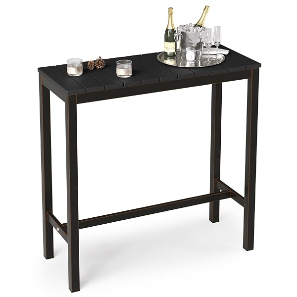 Cozyman Outdoor Bar Table, 38" Patio Bar Height Counter Console Table, Black Waterproof HDPS Slatted Top and Bronze Leg, Weather Resistant, Hot Tub, Balcony, Yard, Indoor or Outdoor Use