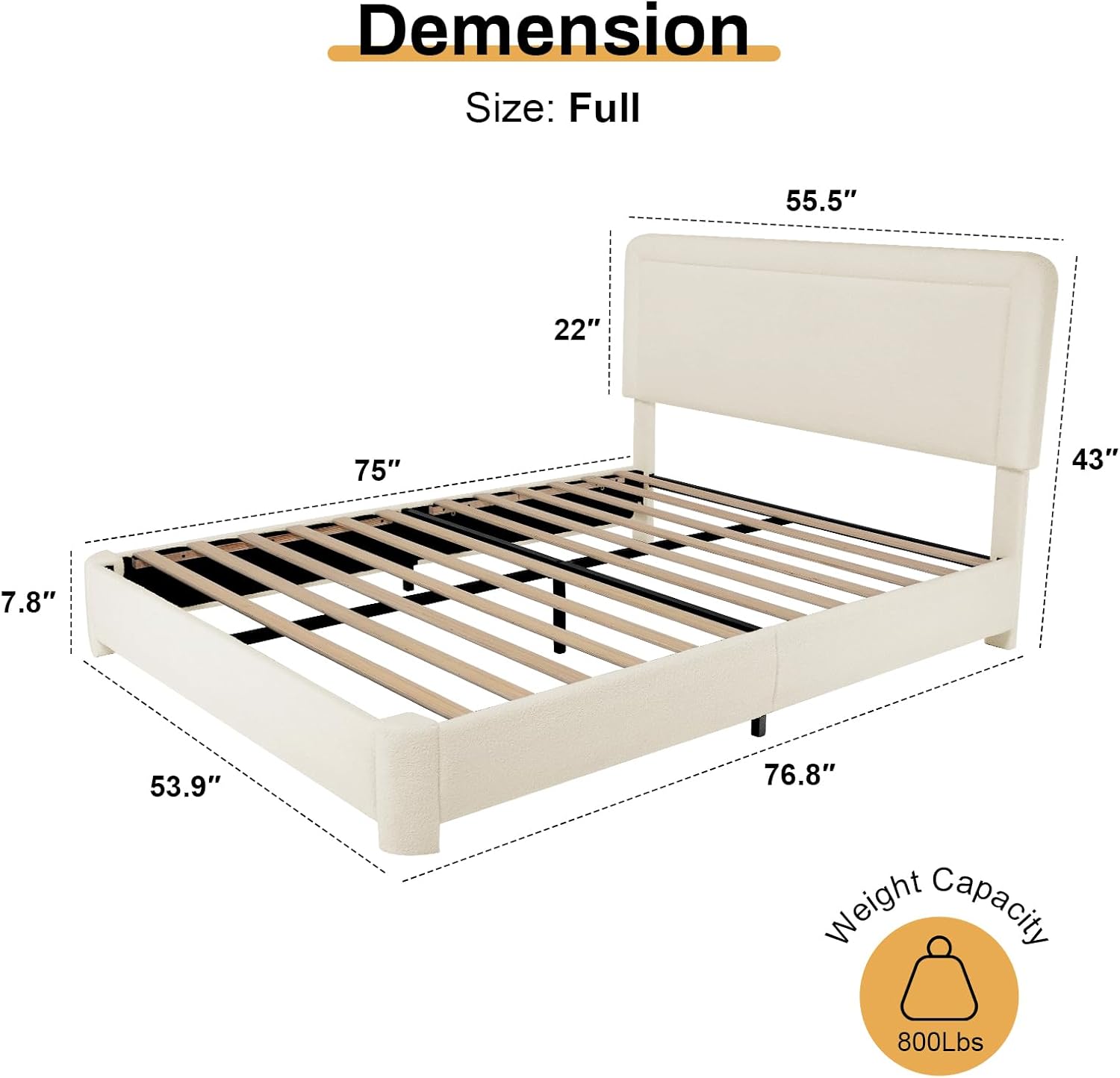 Diagram showing the dimensions of the WEUP Full Size Bed Frame