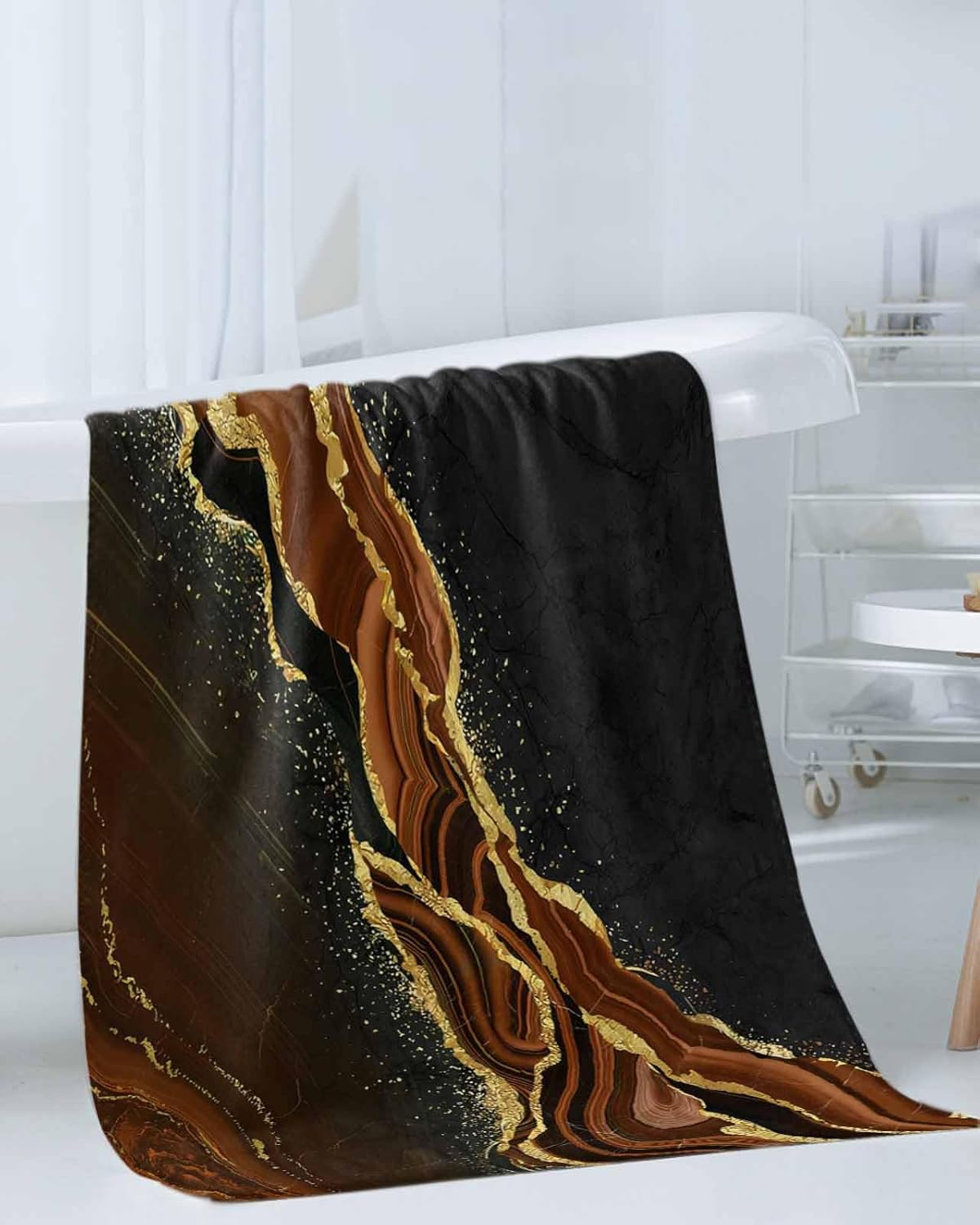 Marble Brown Bath Towels for Bathroom Set - Luxury Towels Gifts for Women,Dry Beach Kitchen Hand Hair Face Yoga Workout Gym Towel and Dish Washcloth,Gradient Abstract Modern Minimalist Black Gold