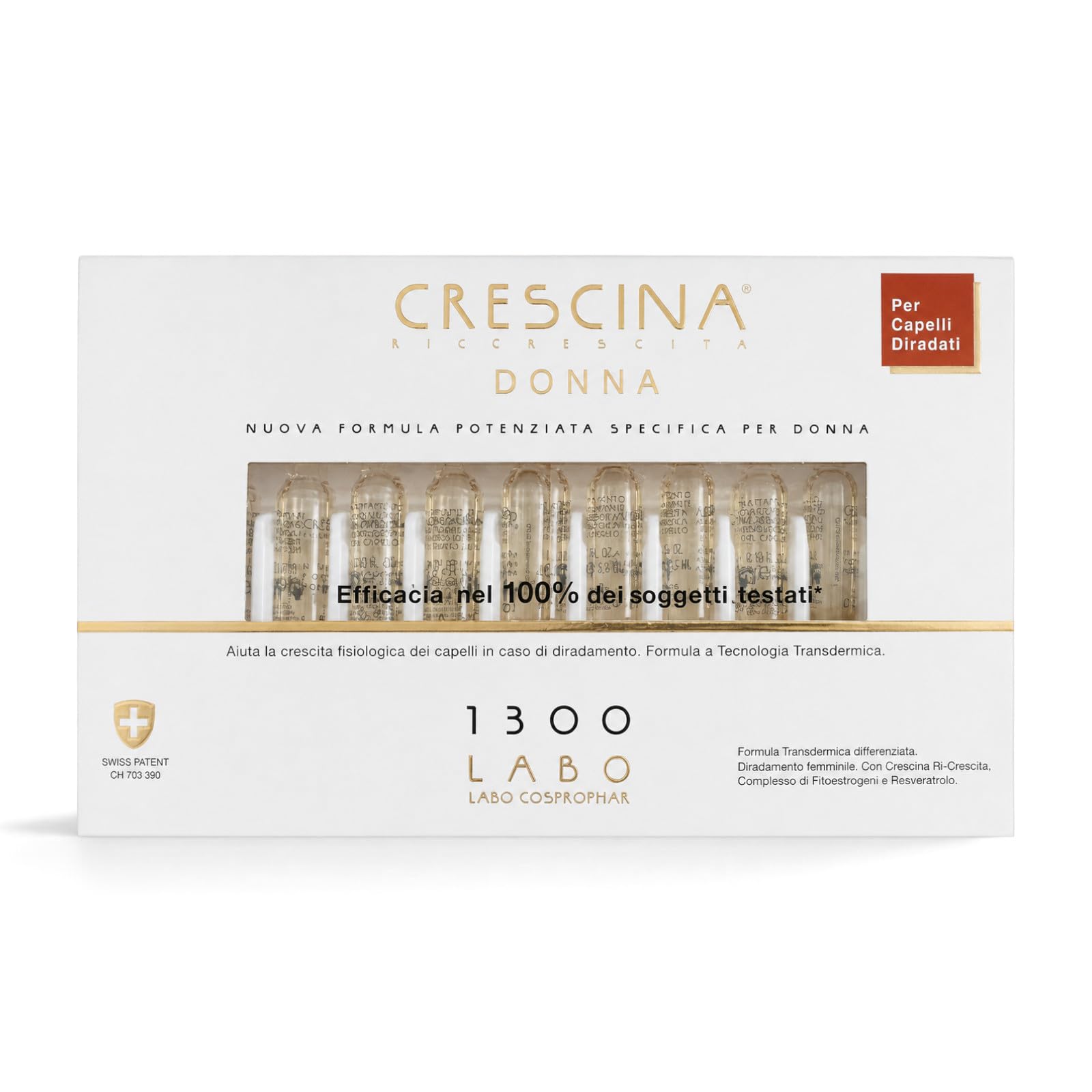 Crescina Ri-Crescita Nuova Formula Potenziata Specifica per Donna 1300Trattamento per Capelli Diradati 20 Fiale