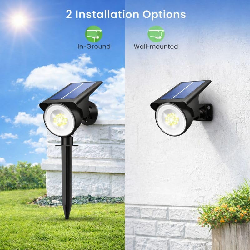 Image of XERGY Solar LED Spot Lights | Waterproof Outdoor Landscape Lighting | 3 Brightness Modes | Adjustable Head | Wall Mount & Ground Stake Installation | Auto On /Off for Garden, Lawn & Pathway (Pack of 2)
