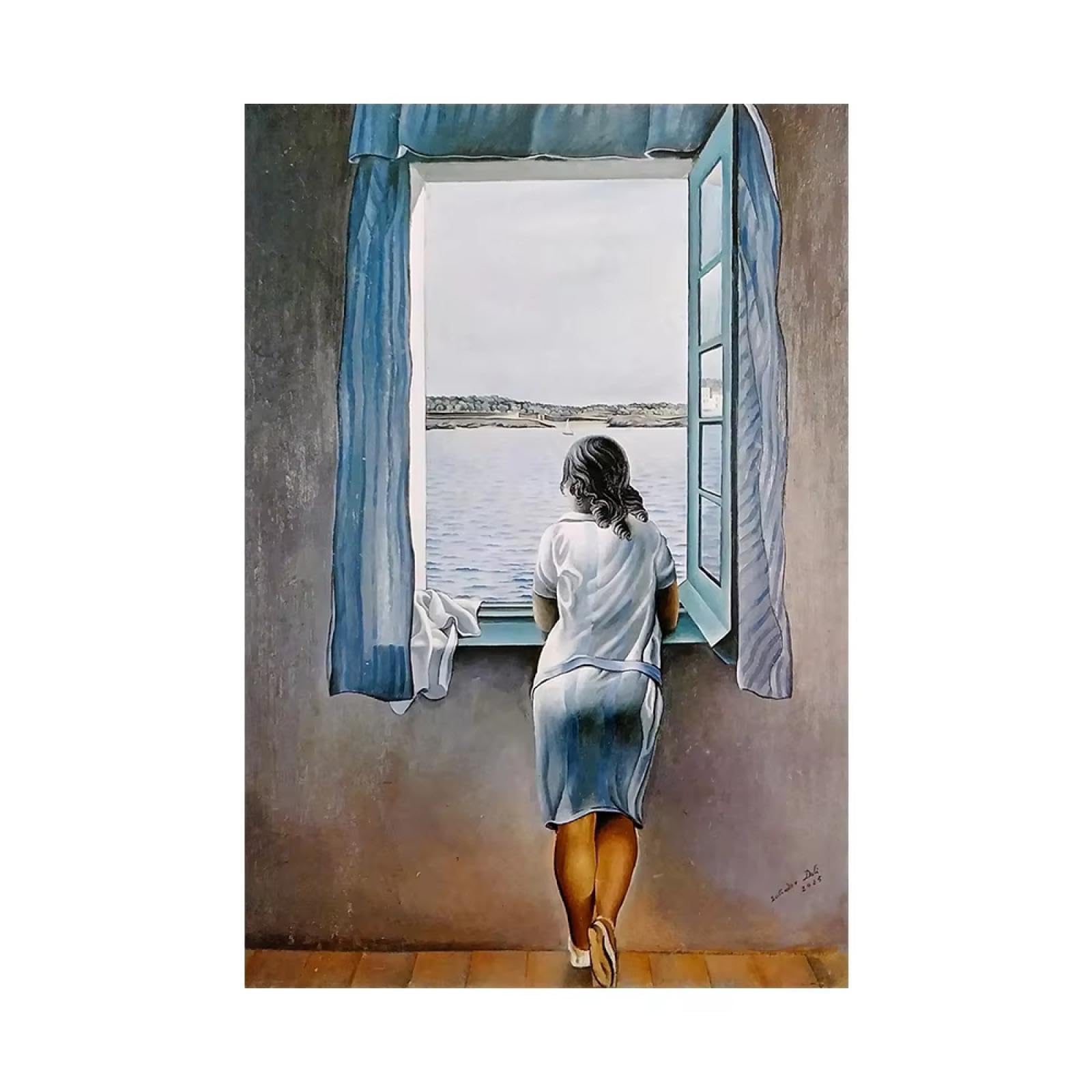 LMYSXAOZ Girl at the Window, canvas painting, poster, Salvador Dali, wall art, woman, blue sea, picture for living room, home decor(60x80cm/Internal Frame)