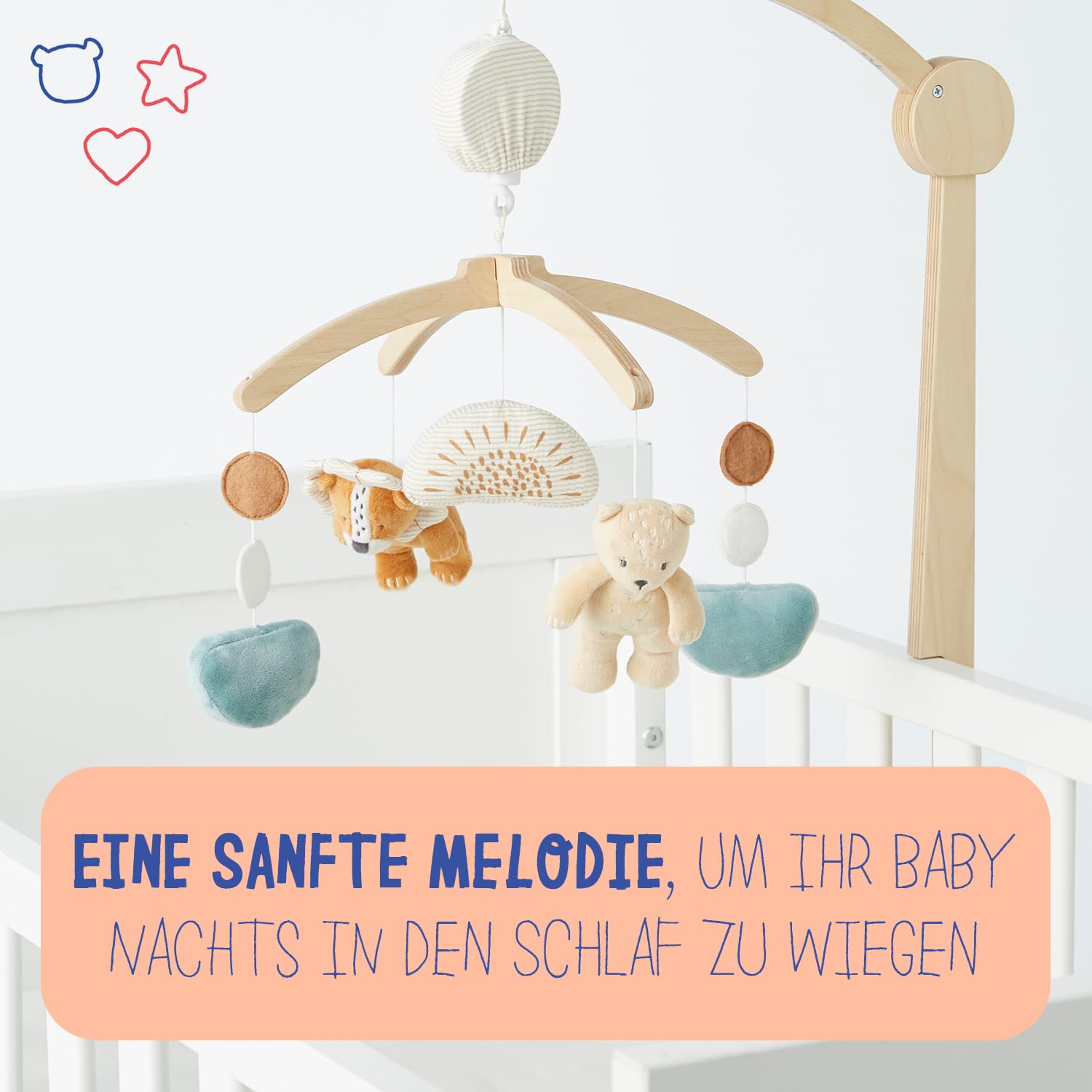 Noukie's - Mobile mit Musik Holz Pastel Babou & Kendi - Mobile Wiege, Gitterbett, Laufstall - Lernspielzeug