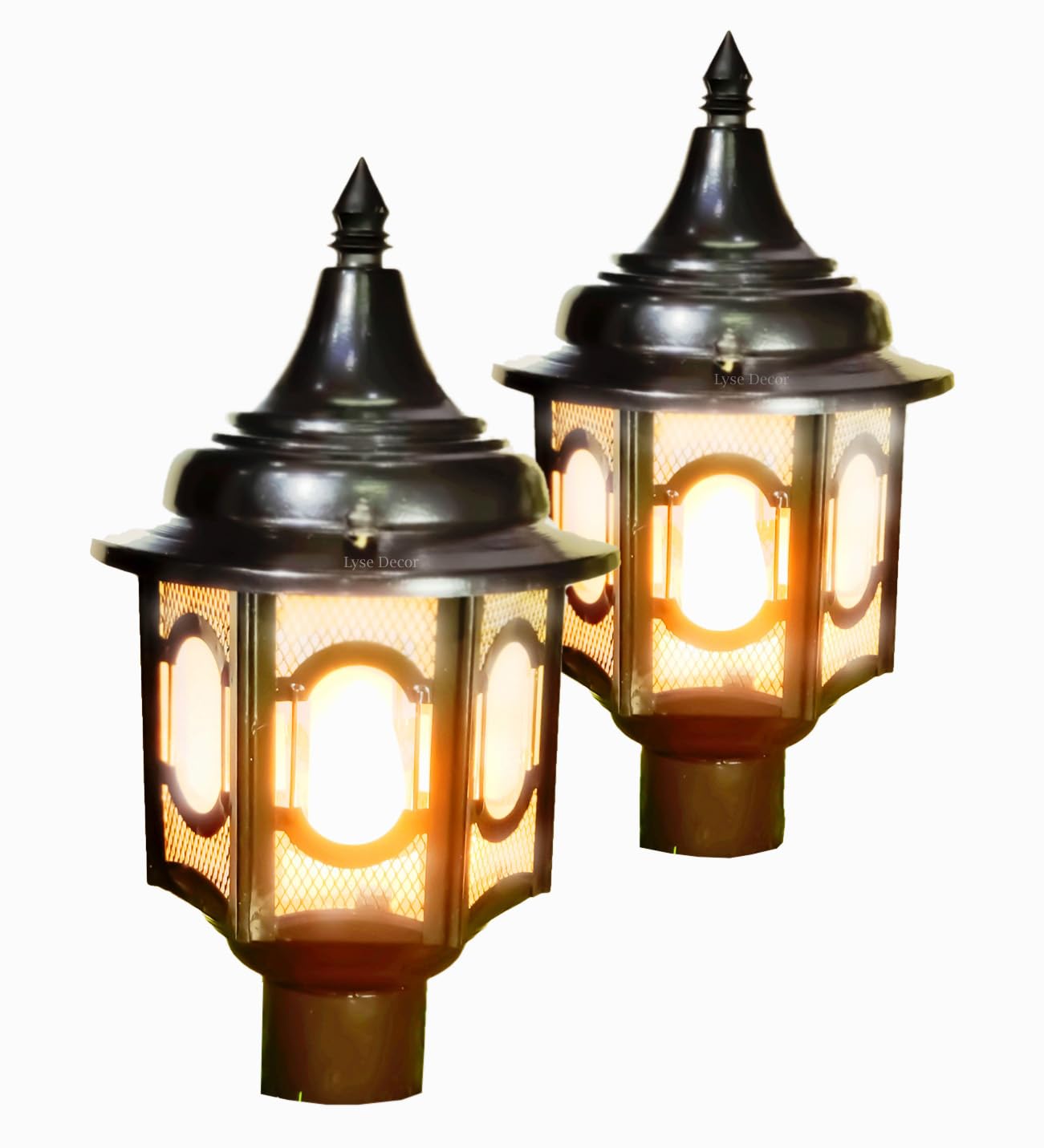 Lyse Decor Large Decorative Outdoor Gate Lamp/Gate Light for Home Gate Entrance, Pole Light, Pillar Lamp, Garden Light (Metal & Glass, Heavy, Set of 2)