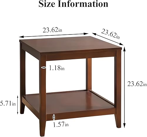 Miniatura 2 de Mesa auxiliar, mesa auxiliar cuadrada de madera maciza con estante de almacenamiento, mesa auxiliar de 2 niveles para sala de estar, mesa de sofá