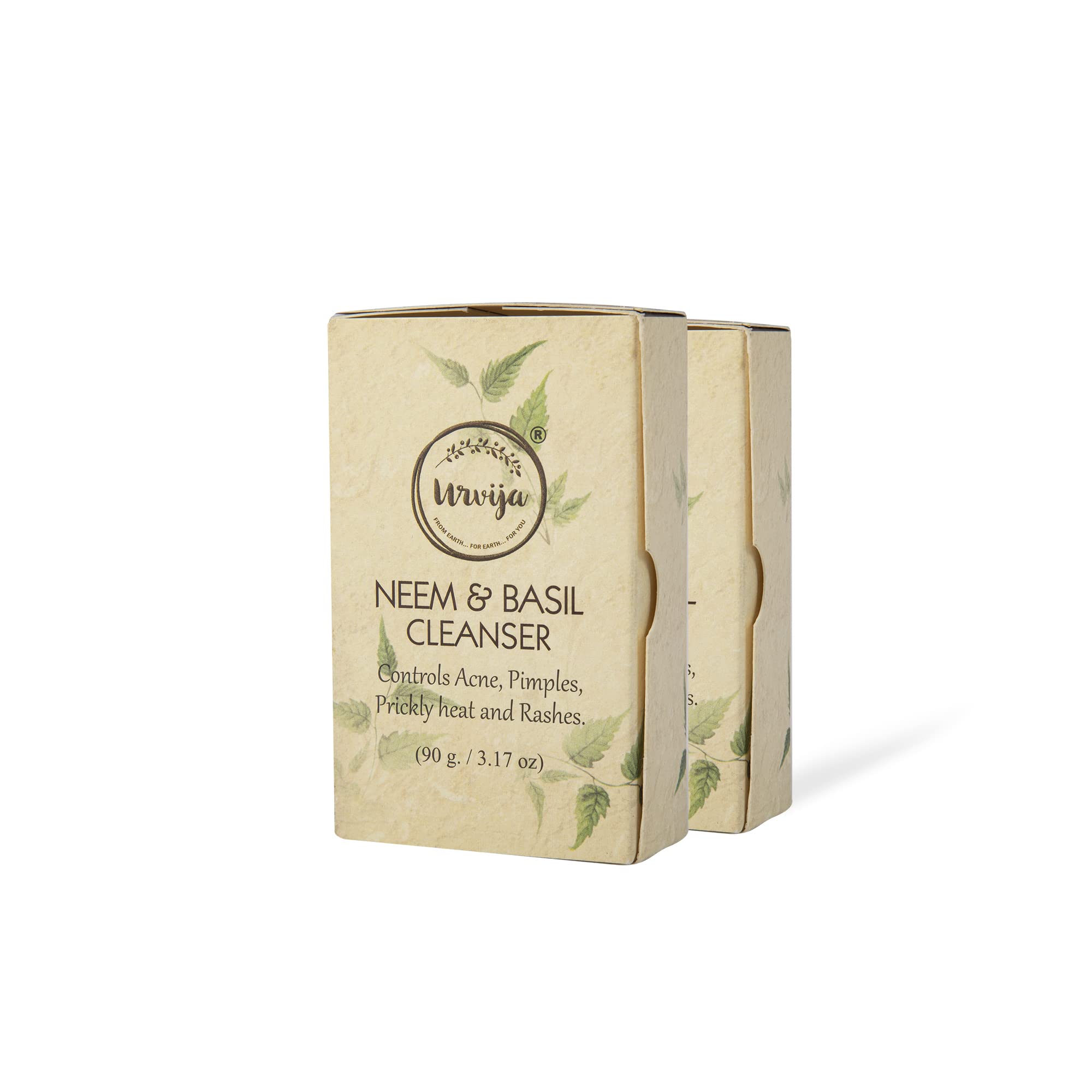 Urvija Essential Oil Based Handmade Neem and Basil Cleanser Soap - No Sulphates for All Skin Type - Certified Palm Oil-Free, Vegan and Chemical Free (90g Each) - Pack of 2