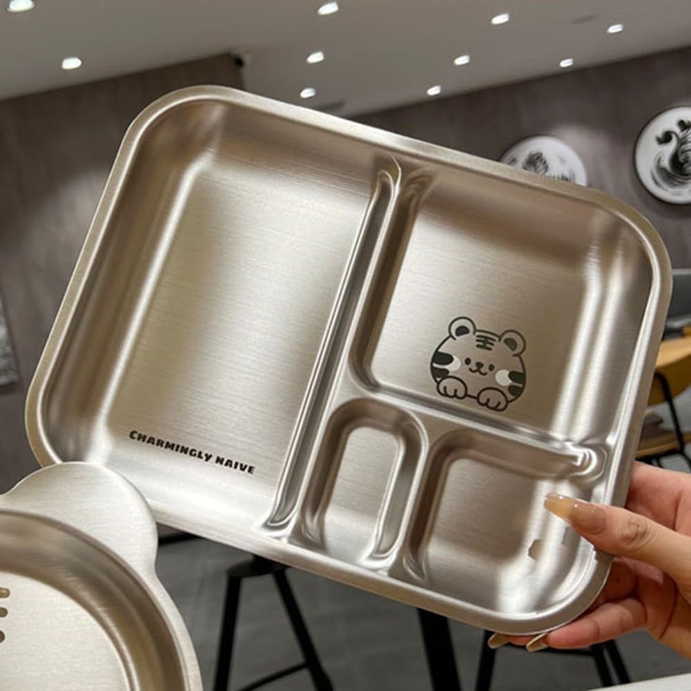 Homefurnishmall Assiettes à dîner divisées en acier inoxydable, 26 x 21 x 2 cm, vaisselle à 4 compartiments pour enfants, adultes, camping (pour tigre)