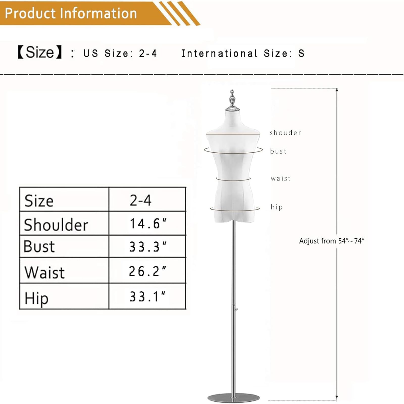 Manekin w formie sukienki, regulowana wysokość 130-180 cm, ekspozycyjny model ciała z metalową podstawą do ekspozycji odzieży, biżuterii, bez rąk