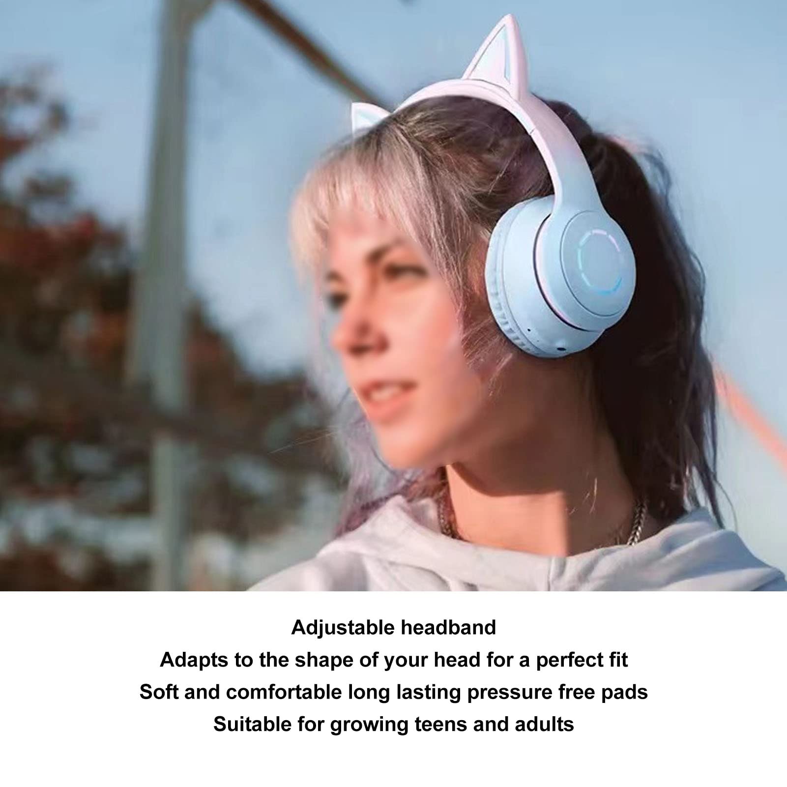 Auriculares Plegables Inalámbricos con Orejas de Gato Bluetooth para Juegos con Luz LED (Azul)