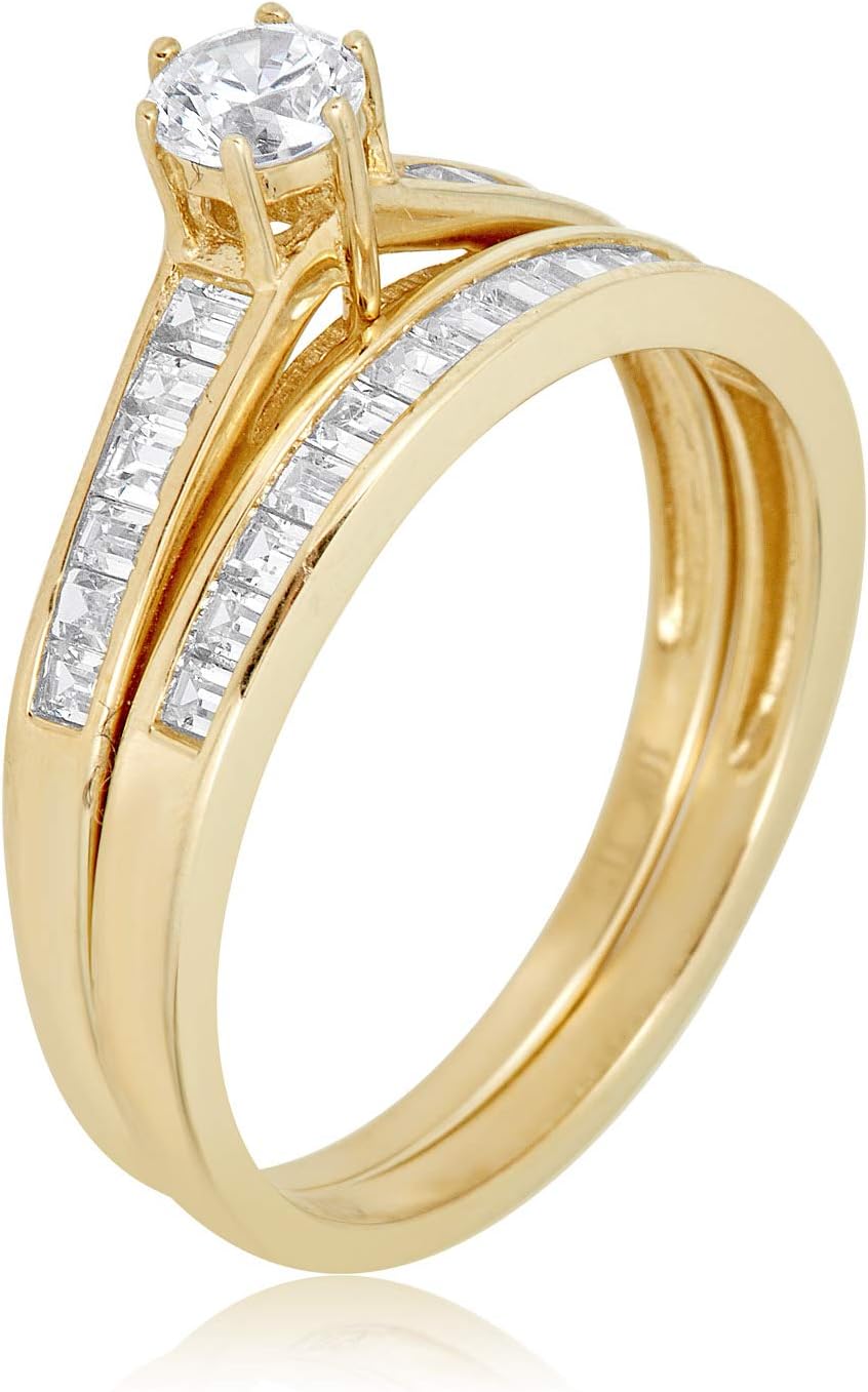 AVORA 10K Yellow Gold 0.25 Carat Simulated Diamond Baguette-cut CZ Anniversary Bridal Engagement Wedding Band Ring Set