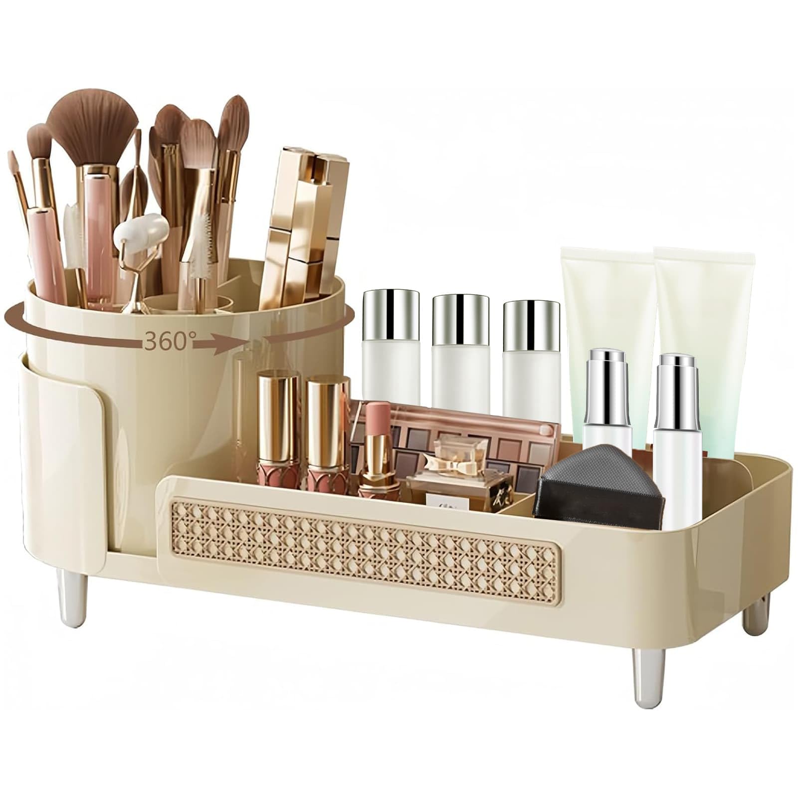 DYUEE 360 Rotating Desk Organizer Pen Holder, 2-in-1 Cosmetic Storage Display Cases for Lotions Lipsticks Makeup Brushes, Elegant Countertop Perfume Storage Box for Dresser Bedroom Bathroom (beige)