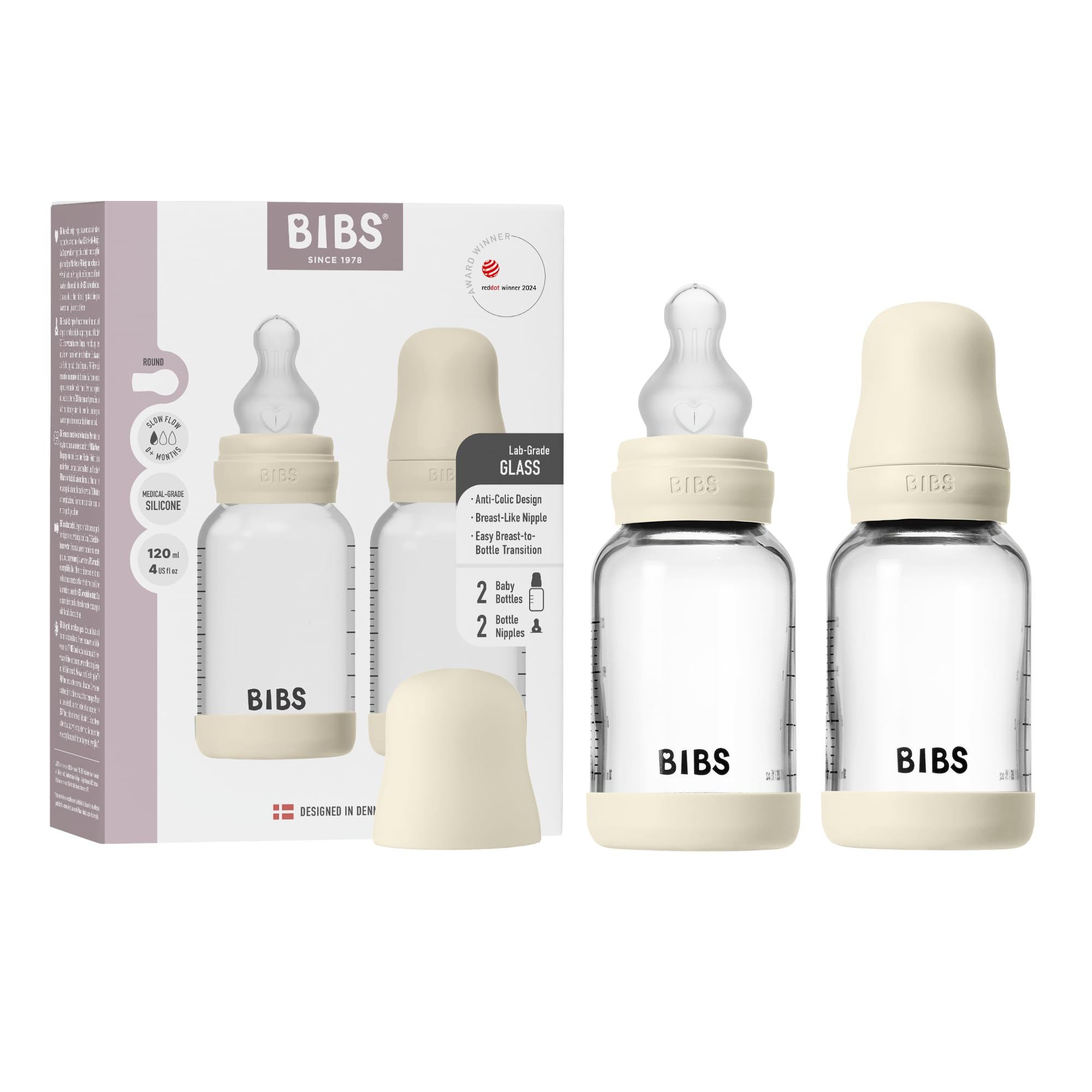 Photo 1 of BIBS Glass Baby Bottles 2-Pack, 4 Oz. Anti-Colic System for Gas Reduction. Vented Round Silicone Nipple. Supports Infant and Newborn Breastfeeding - 120 ml (Pack of 2), Ivory