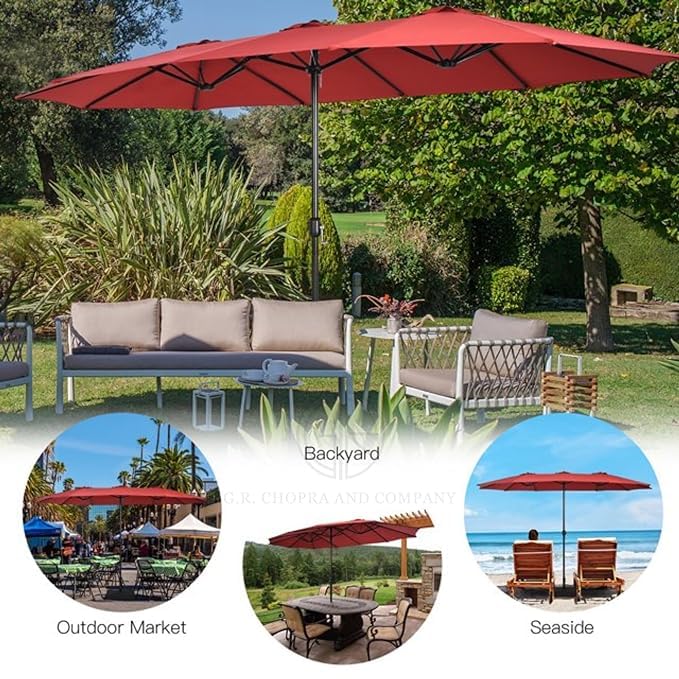 Image of THESHELTERS - 15ft Large Outdoor Umbrella Double-Sided Patio Umbrella with 65Kg Movable Stand, Crank Handle, 12 Ribs Rectangular Garden Umbrella for Patio Graden, Poolside, Terrace, Cafe and Hotels