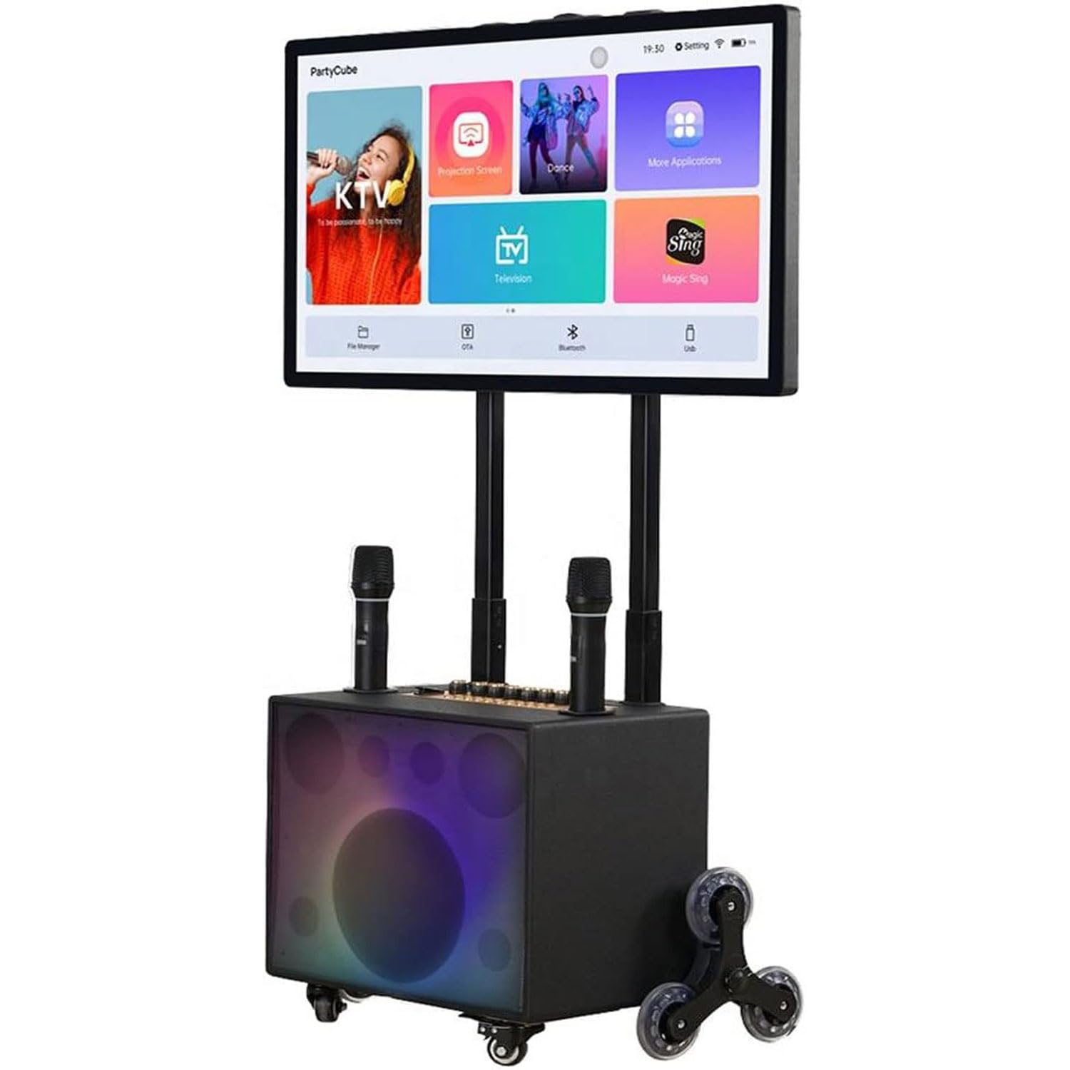 Macchina per Karaoke Portatile, Altoparlante PA Portatile Bluetooth da 32" con 2 microfoni Wireless, Schermo Touch Intelligente antiriflesso, Altoparlante LED a Colori