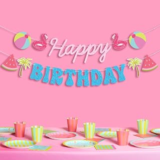 xo, Fetti Pool Party Birthday Banner | Kids Party Decorations, Tropical Summer, Hawaiian Luau, Flamingo, Pink Glitter, Happy Birthday Garland