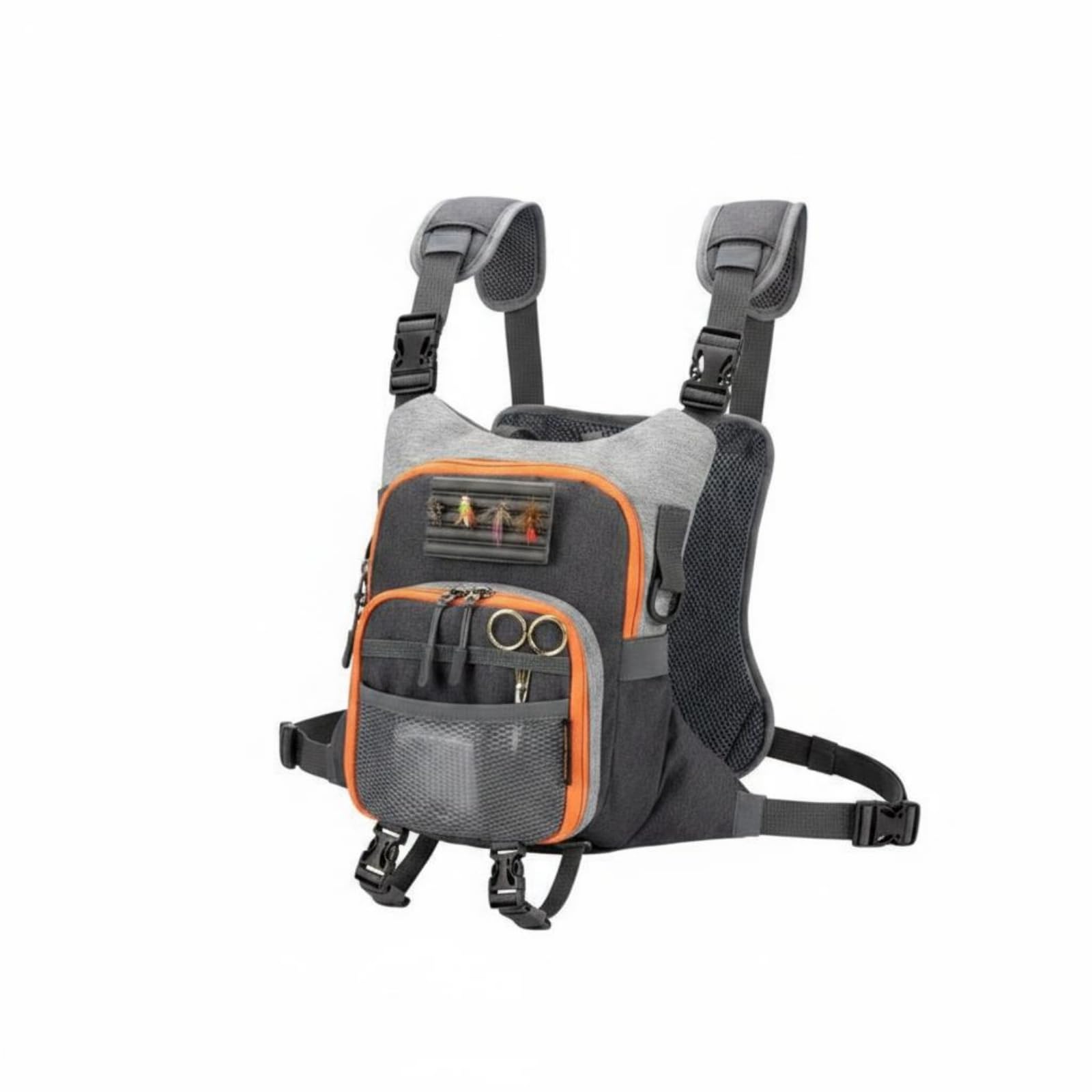 MERISHOPP Padded Mesh Back Fly-Fishing Chest Pack Attachment Points Fly Fishing Chest Pack Orange Trim Outdoor Carry Gear Zippered Compartments for Anglers, Gray-picture-17
