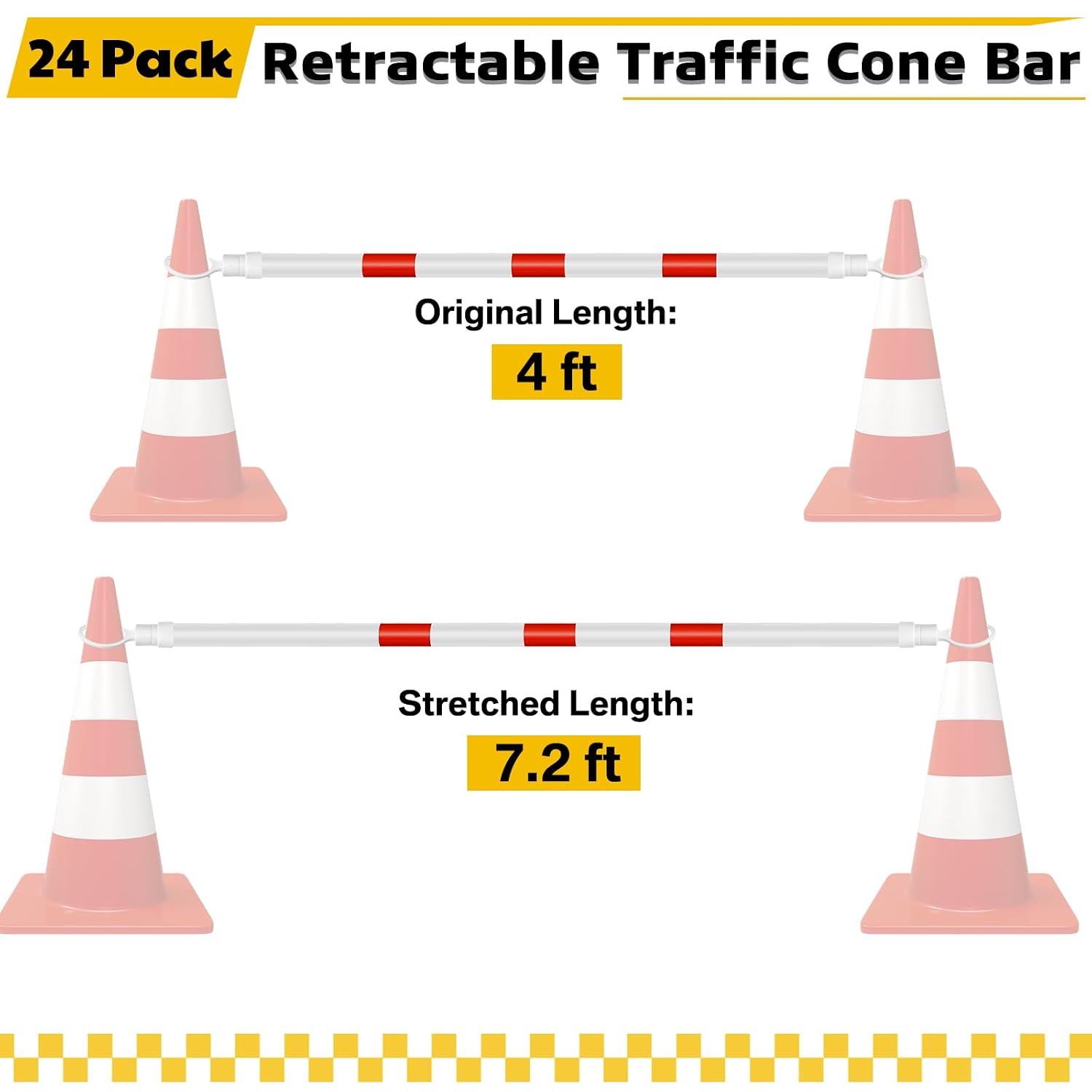 Huwena 24 Pcs Retractable Traffic Cone Bar from 4ft to 7.2ft Lightweight Bars Traffic Barricade Road Cone Connecting Rod Expandable Safety for Road Parking Use