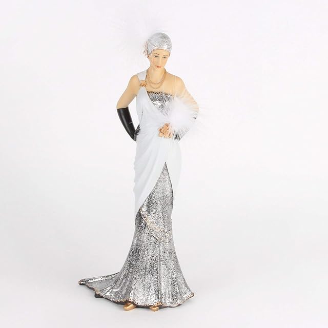 Maisonica Art Deco 'Charleston' Resin Lady Silver & Black Dress Figurine Ornament 30 cm