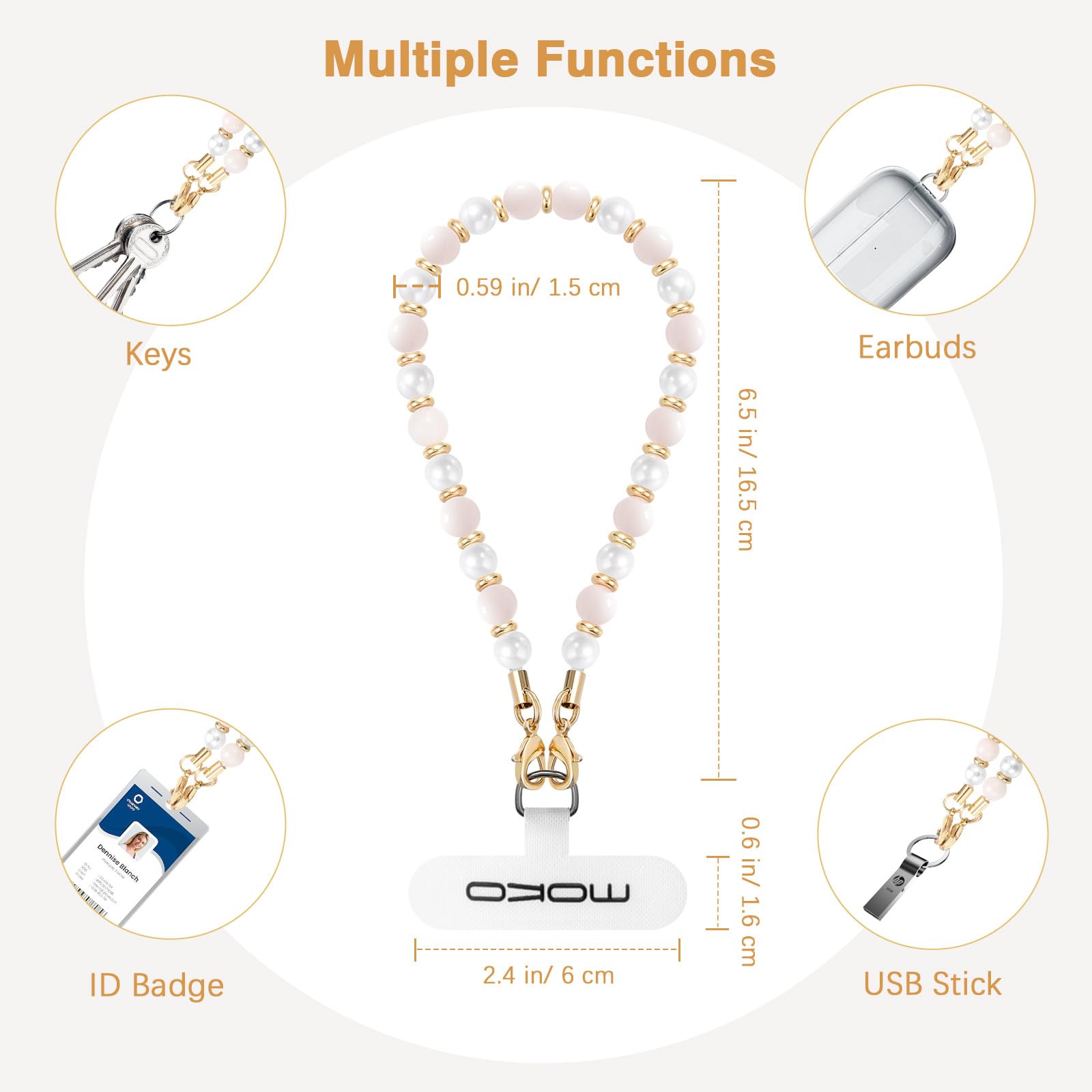 Cordino Per Cellulare MoKo - Cinturino Da Polso Con Perline, Rosa Bianco, Universale