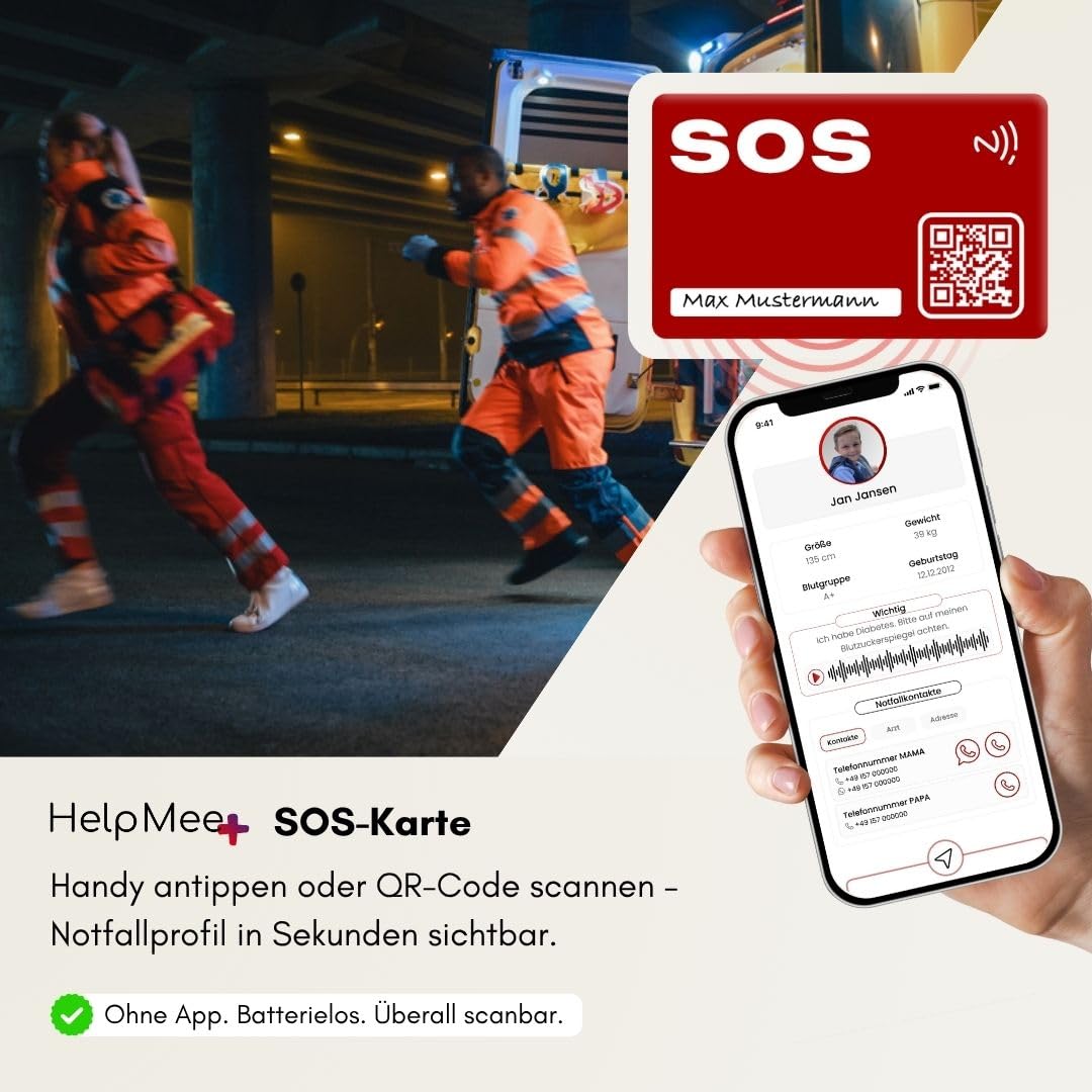 SOS Notfallkarte mit Notfallprofil – NFC & QR Code – deutsche HelpMee® Marke – Für Senioren, Sportler, Urlaub, Ausflüge – weltweit abrufbare Infos mit allen Smartphones