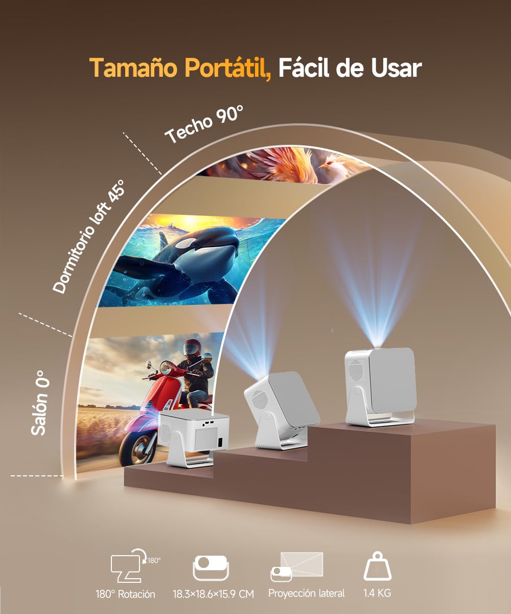 [App Integrada] Mini Proyector 4K & 8K Soporte 1080P Nativo, Proyector Portátil con WiFi 6 Bluetooth 5.4, 600ANSI, Enfoque Automático, 6D Corrección Automática de Trapecio, Rotación 180°, HY350MAX