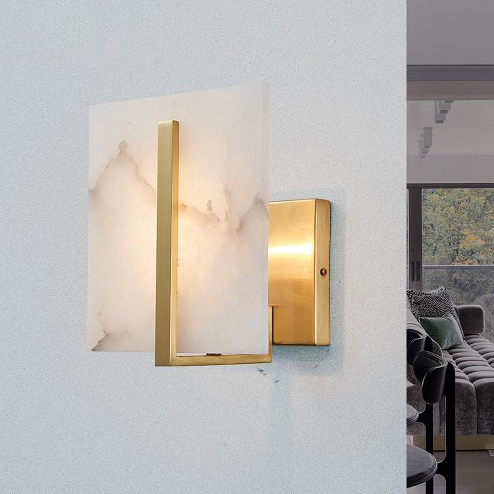 SXSCARKX Modern Home Decoration Gold Marble Wall Sconce White Alabaster Glass Stone Mounted Indoor Bathroom Vanity Light Fixture Contemporary Nordic Bedroom Lamp For Hallway