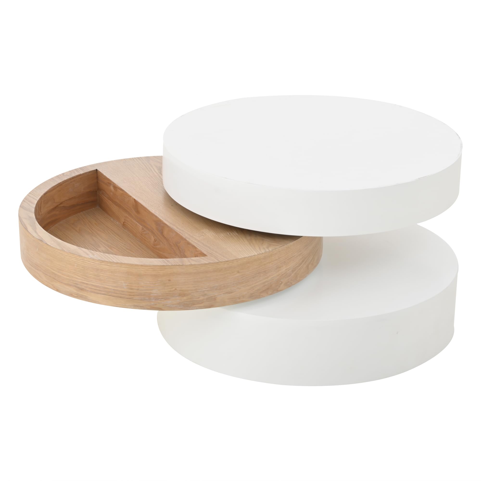 SUKY Mesa de centro cilíndrica, mesa superior giratoria 360°, mesa de salón, mesa de sofá de tres niveles, 3 estantes, capacidad de carga 30 kg, madera de sauce con espacio de almacenamiento, color