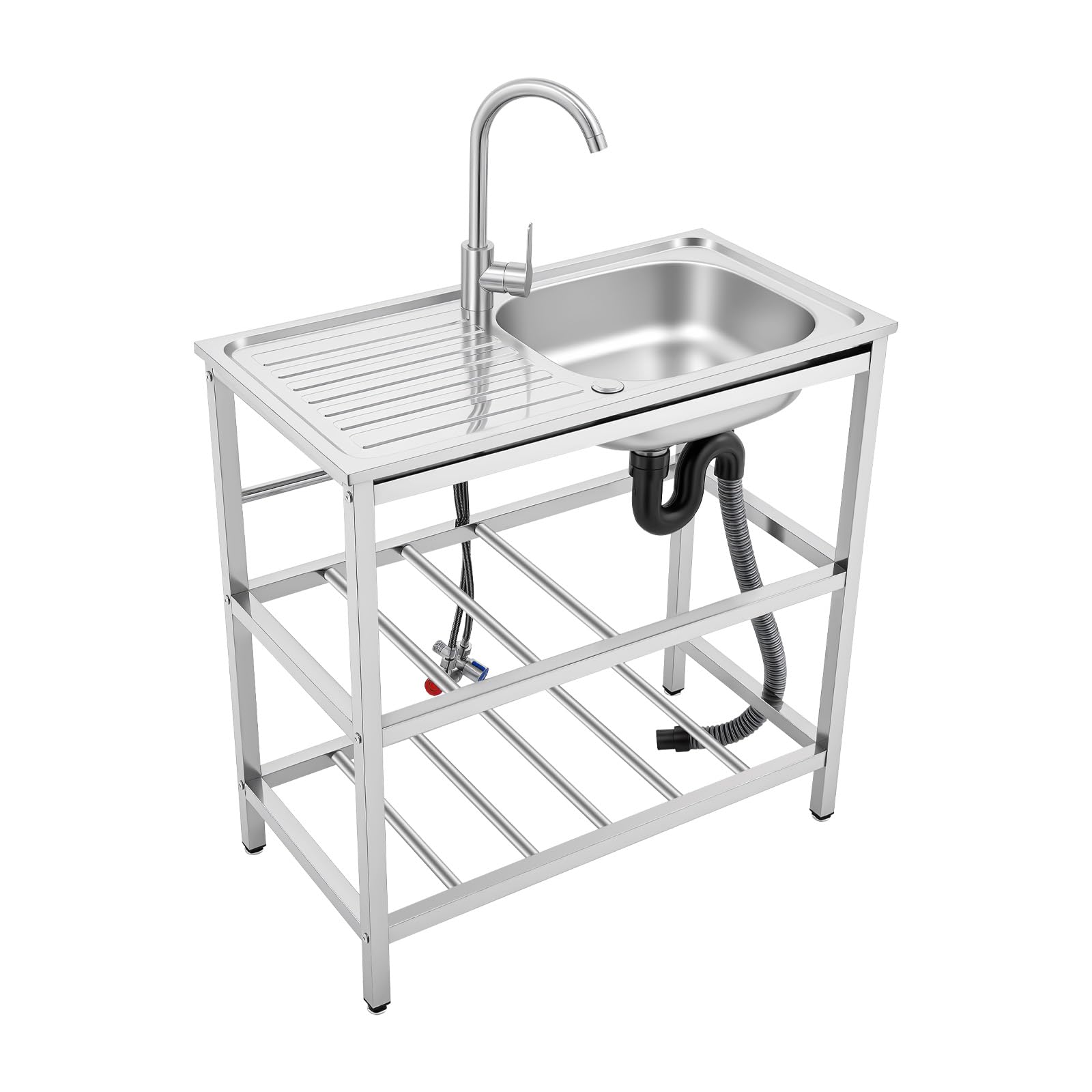 Evier Inox Exterieur,Evier Sur Pied Cuisine,Evier multifonction,Evier Professionnel Avec Robinet Pivotant,Eau Chaude Froide,Double Etagere Rangement,Cuisine Jardin Restaurant Garage
