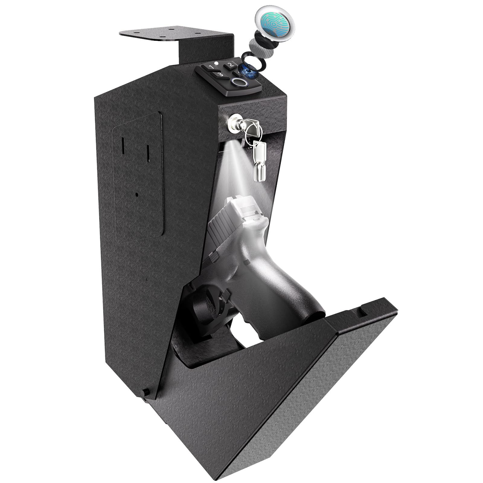 Muibe Biometric Mounted Gun Safe For Pistol, Auto Open Hidden Hand Gun Safe For Nightstand,Bed Side And Car, Black Steel Handgun Safe Box With Intelligent Password Keyboard And Key Lock.