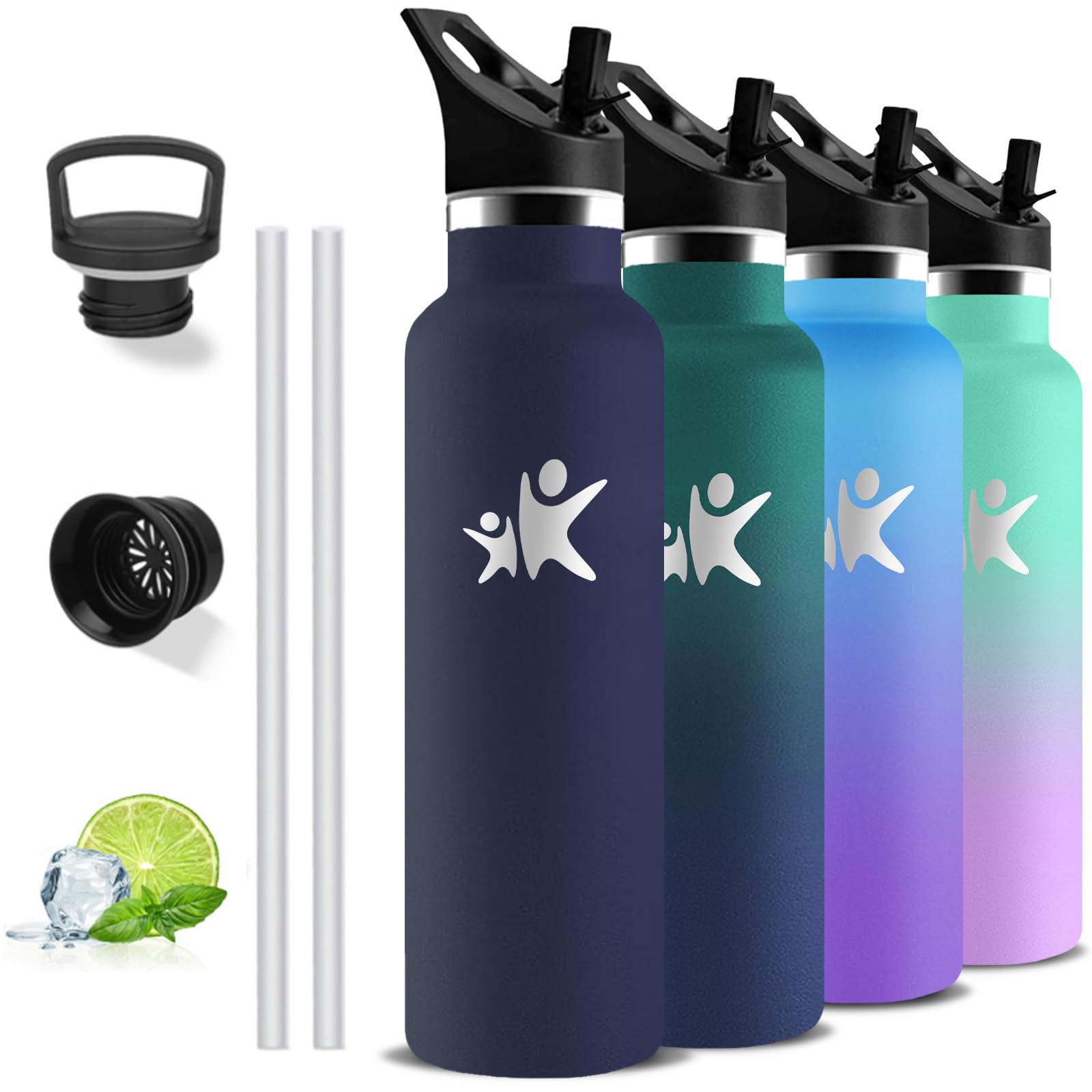 Trinkflasche Edelstahl, Trinkflasche 1l, BPA-Frei, Thermosflasche mit Strohhalm, Isolierflasche Doppelwandig, Wasserflasche Metall, Wasserflasche für Wandern, Fitness, Camping, Yoga