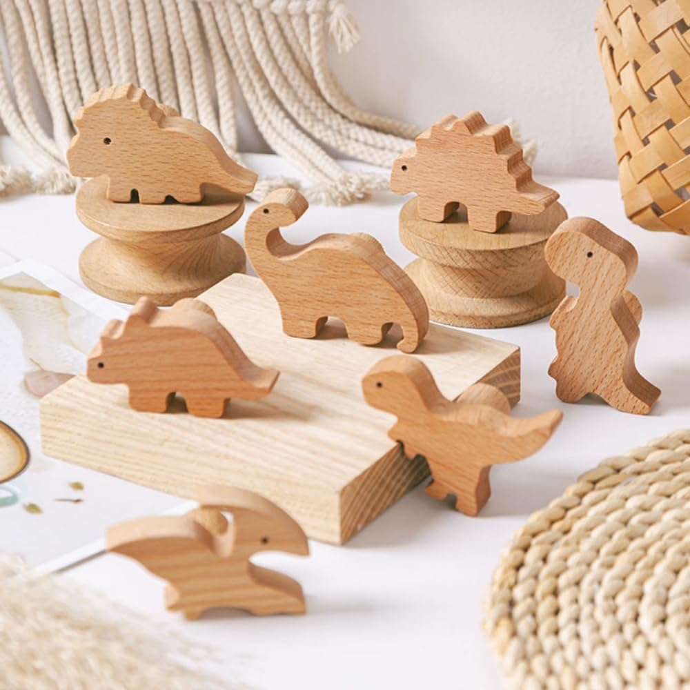 MHwan Wooden Drawer Knobs, 6 Pcs Cute Dinosaur Wardrobe Door Knobs Made of Natural Solid Wood with Natural Texture - Image 2