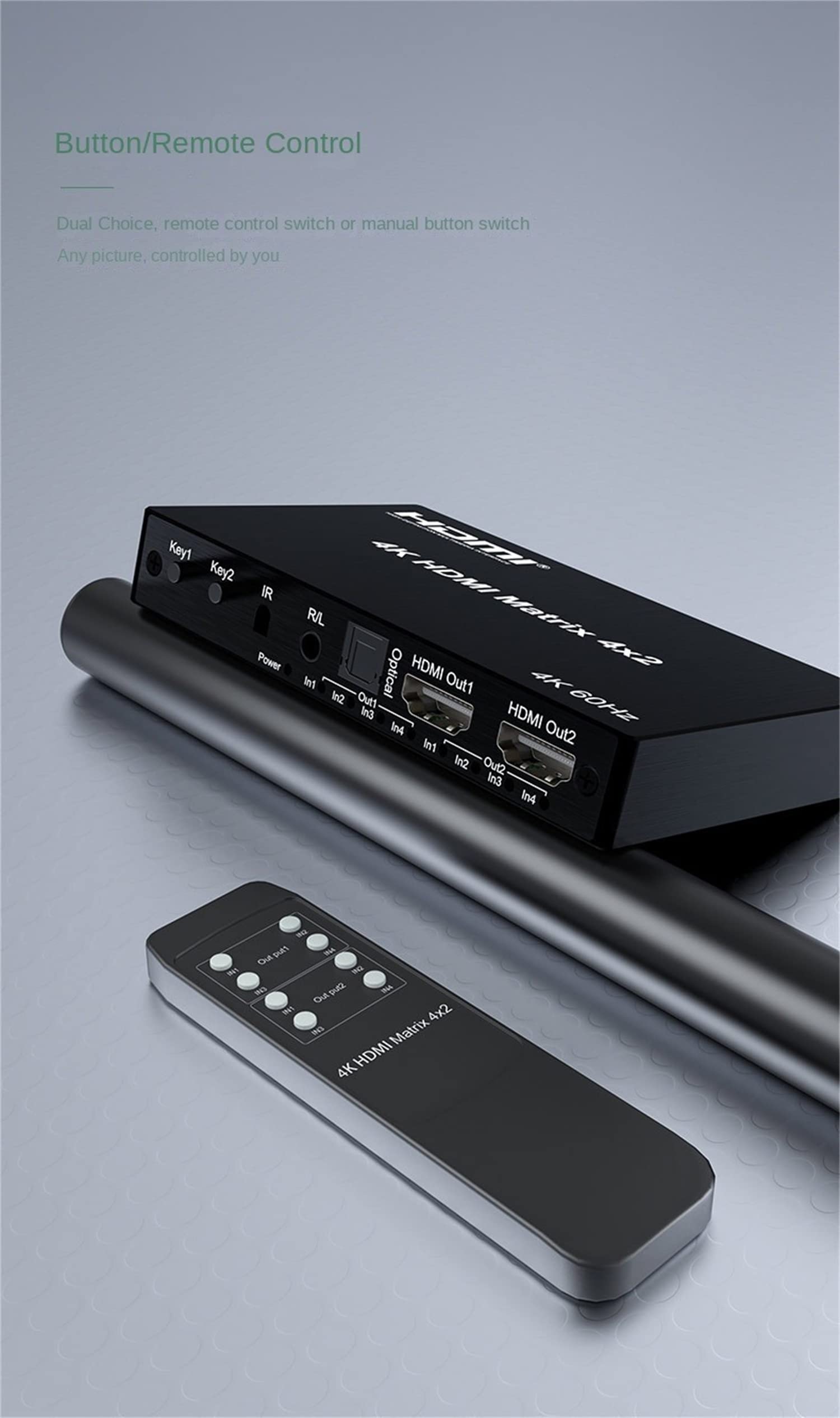 4K HDMI Matrix 4X2, HDMI True Matrix Switch Conmutador 4 w 2 wyjścia 4K 60Hz HDMI Matrix rozdzielacz przełącznik z optycznym EDID do PS4 PC (4X2)