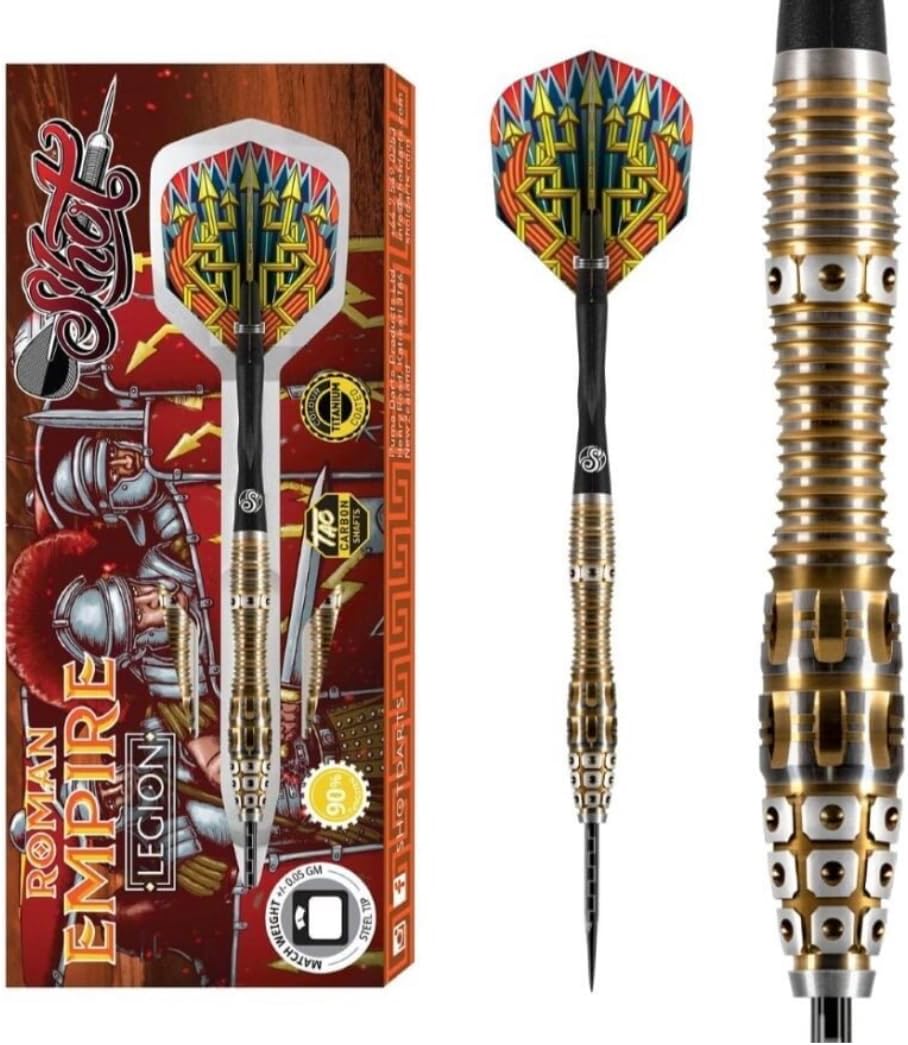Shot Darts Steel Tip, Roman Empire Legion (23g/ 24g/ 25g) 90% Tungsten Barrels, Front Balanced with Secure Grip, Professional Dart Set and Flights Made in New Zealand, Metal Tip Bar Darts