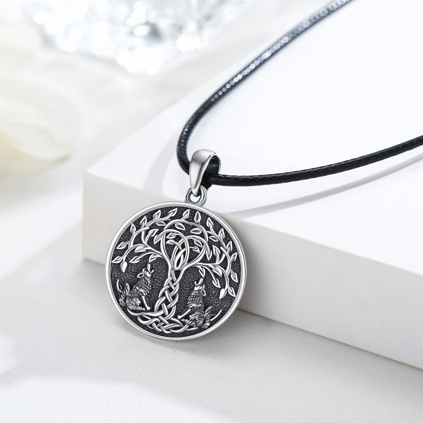 Cadena de árbol de la vida para hombre de plata de ley 925 árbol de la vida cuervo lobo colgante celta nudo redondo amuleto vikingo joyas regalos para mujeres hombres