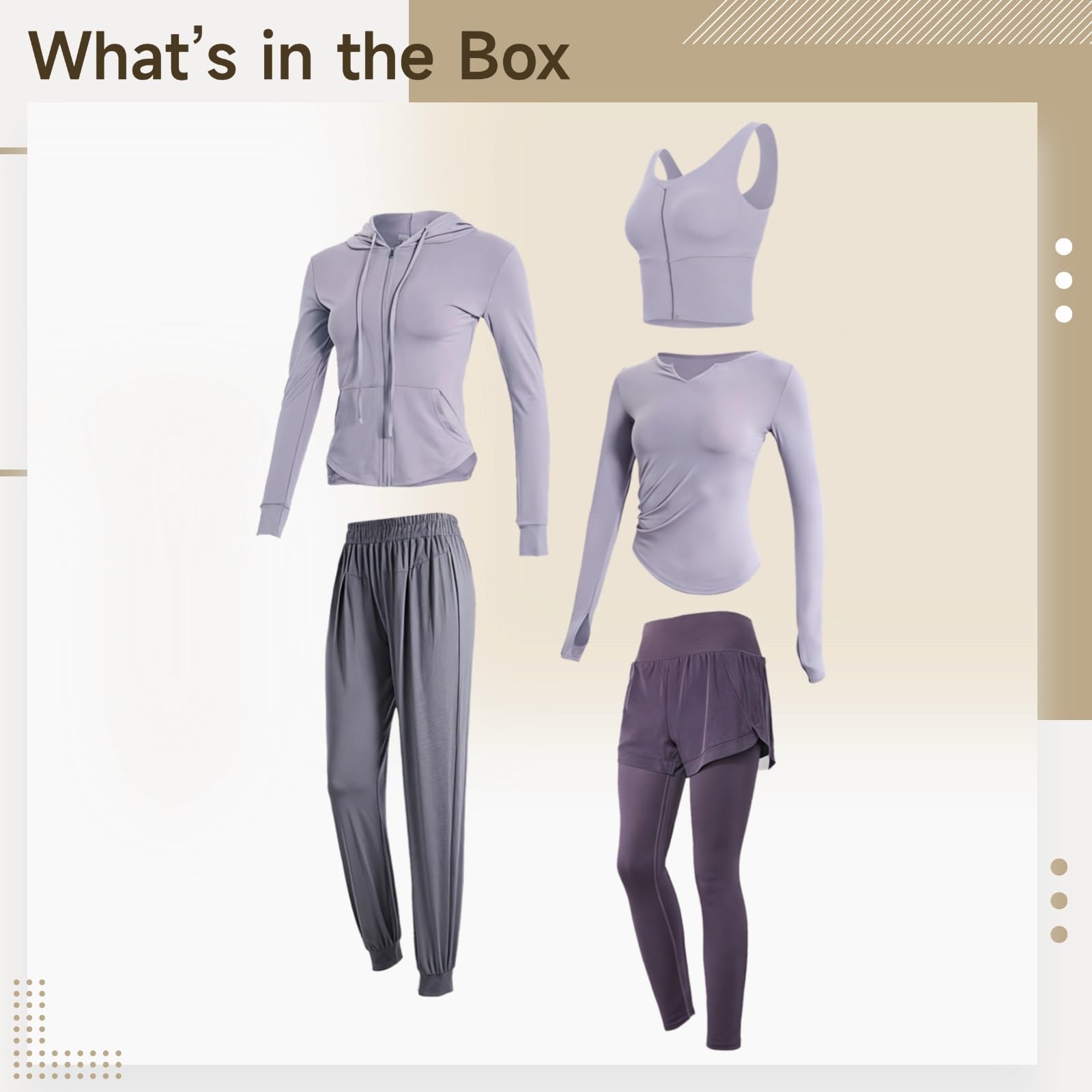 Conjunto de 5 piezas de ropa deportiva para mujer, ropa de yoga con camisetas de manga larga, tela de poliéster y elastano transpirable, se adapta a mujeres de 5 pies 0 pulgadas a 5 pies 11 pulgadas y